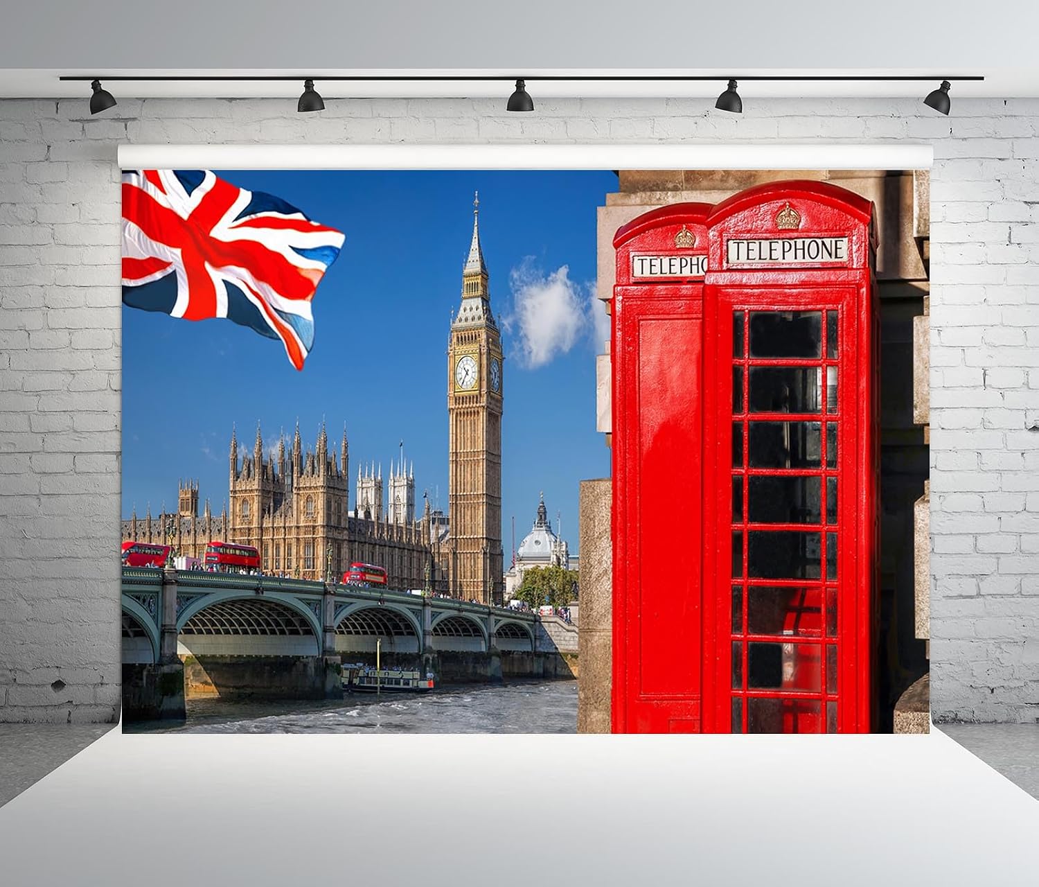 BELECO 7x5ft Fabric London Backdrop Big Ben England Parliament House Westminster Bridge British Flag Red Telephone Booth UK Background British Theme Party Decorations Portrait Photo Studio Props 7x5FT N5-a13006