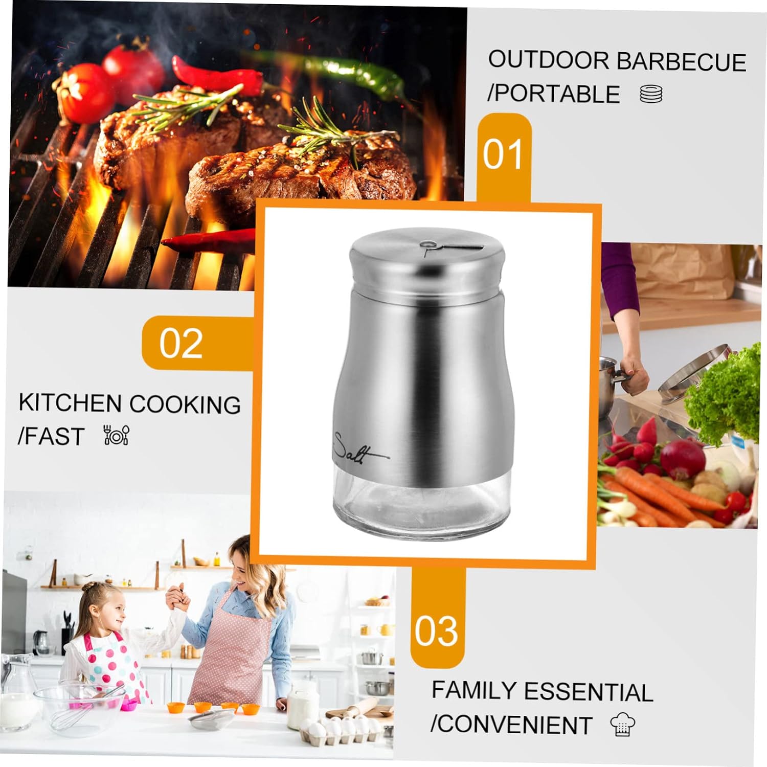 Unomor 2Pcs Stainless Steel Lid Glass Spice Jars Kitchen Salt Pepper Seasoning Bottles with Fine Mesh Easy to Hold Dispensers for Cooking and Tabletop Use