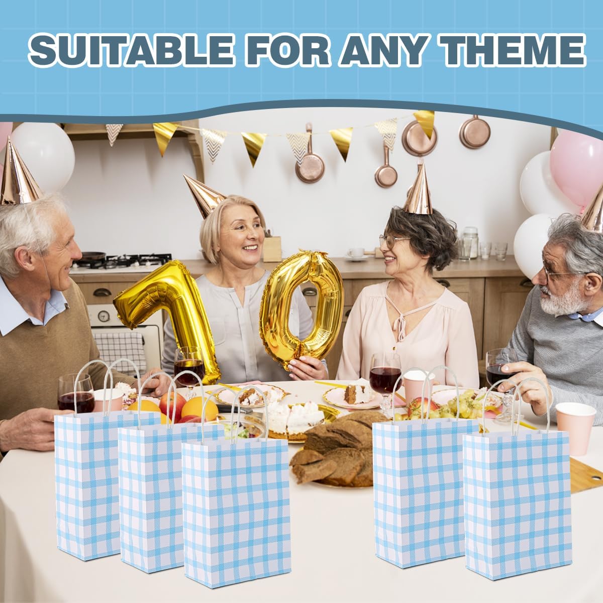 BHHQHH 24 Pcs Blue Gingham Party Supplies Gift Bags Blue Checkered Kraft Paper Goodie Bags for Party Favors Birthday Wedding - Image 6