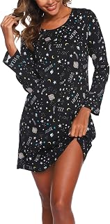 Women's Cotton Sleepwear Long Sleeves Nightgown Print Tee Sleep Dress