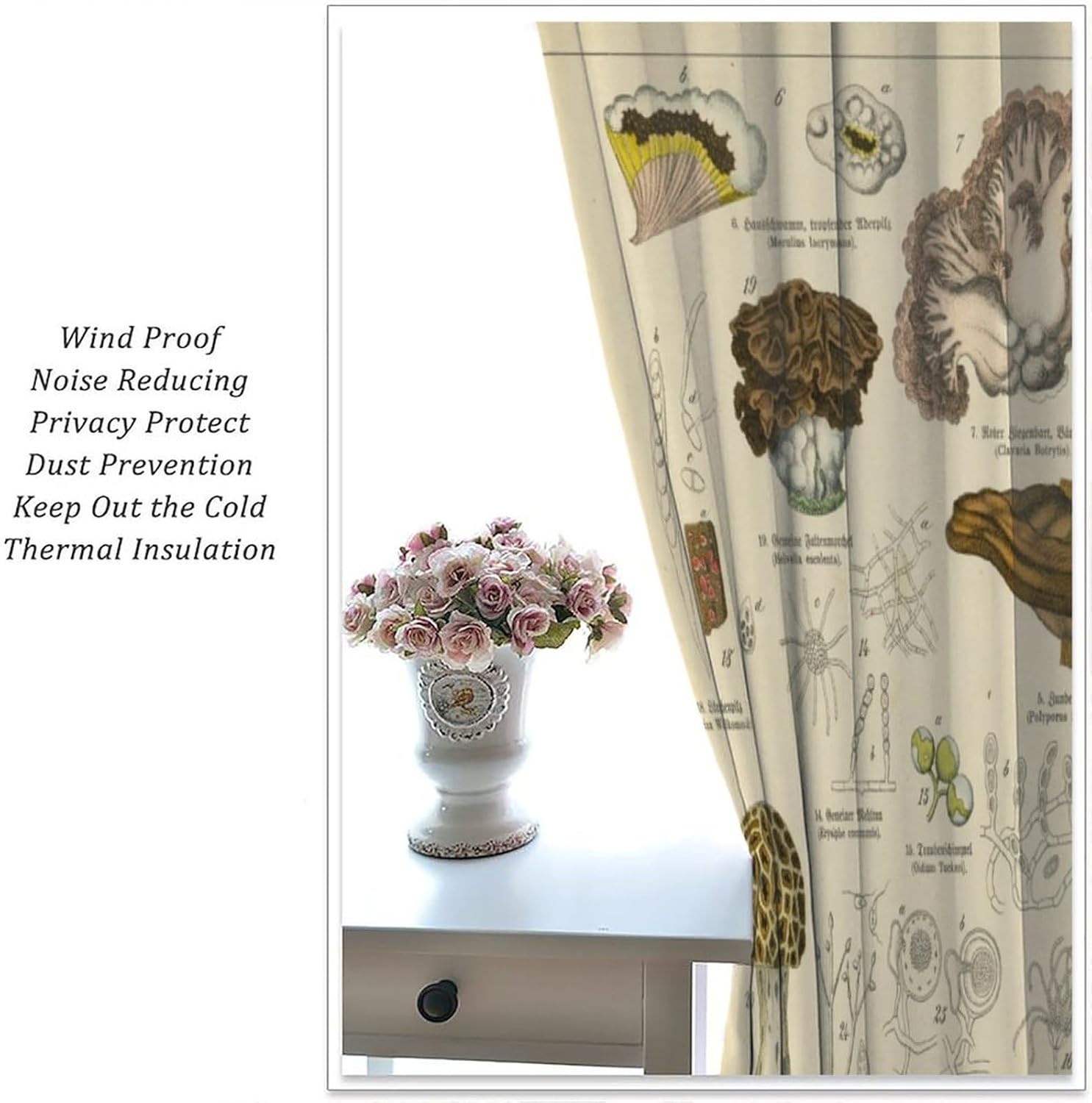 Mushroom Blackout Curtain Vintage Boho Forest Nature Wild Plant Window Curtains Rod Pocket Drapes for Living Room Kitchen Dining Room Cafe Bedroom Office 42x45 in