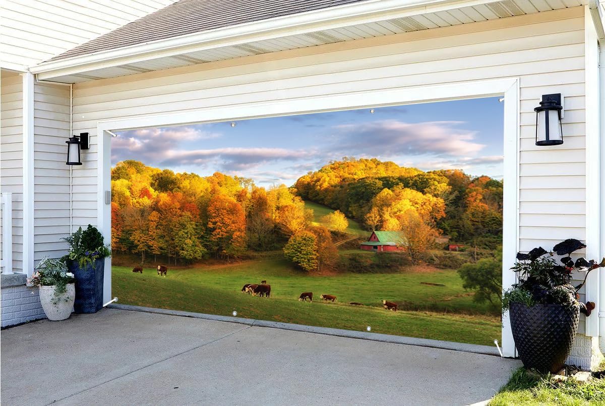6x13ft Rustic Autumn Pasture Garage Door Decor Grazing Cows Golden - Leavesd Hillside Red Barn with Green Roof Garage Door Cover Indoor Outdoor Seasonal Festive Decor
