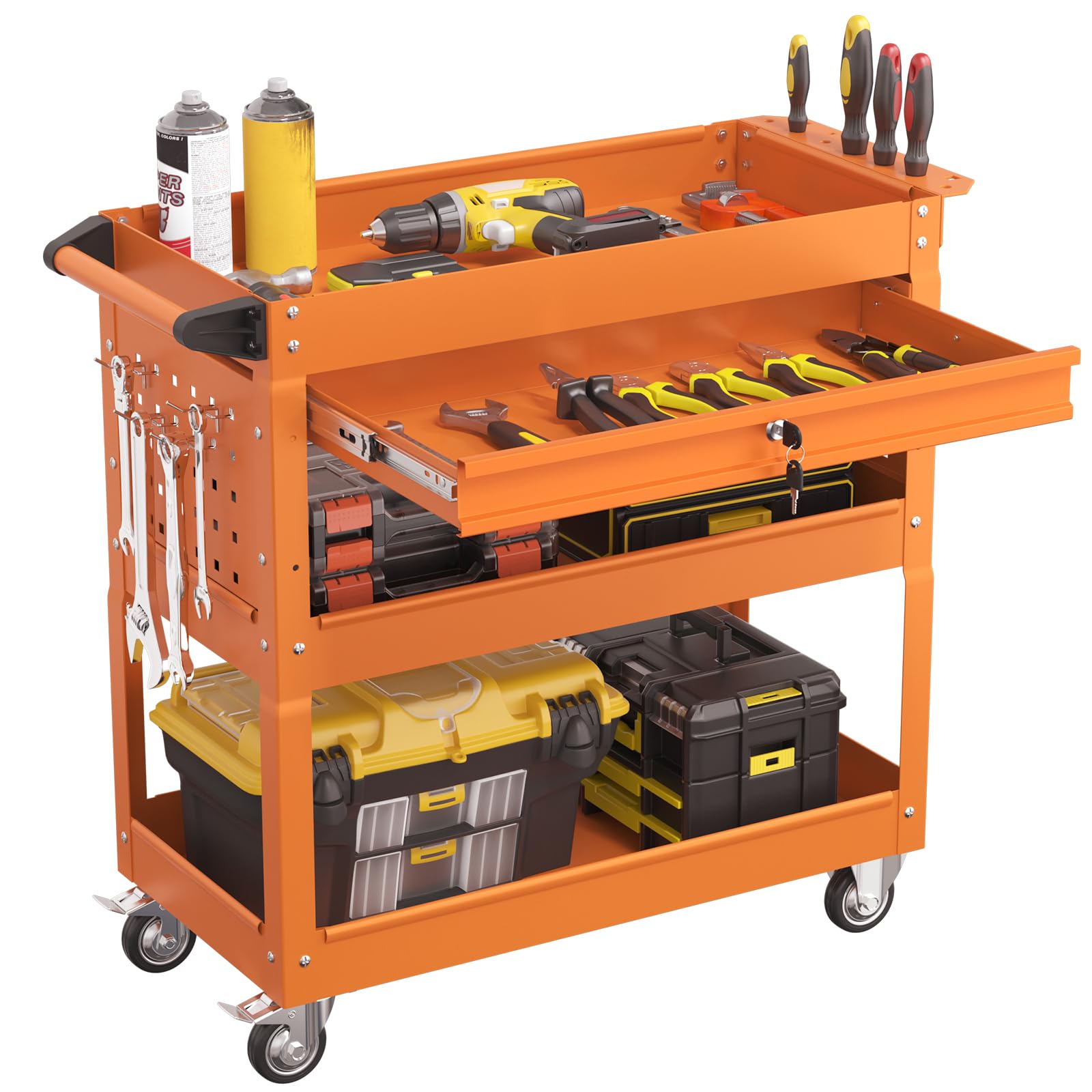 3 Tier Heavy Duty Rolling Tool Cart with Drawers, Large Storage Utility Cart on Wheels for Garage, Warehouse, Repair Shop (Orange)