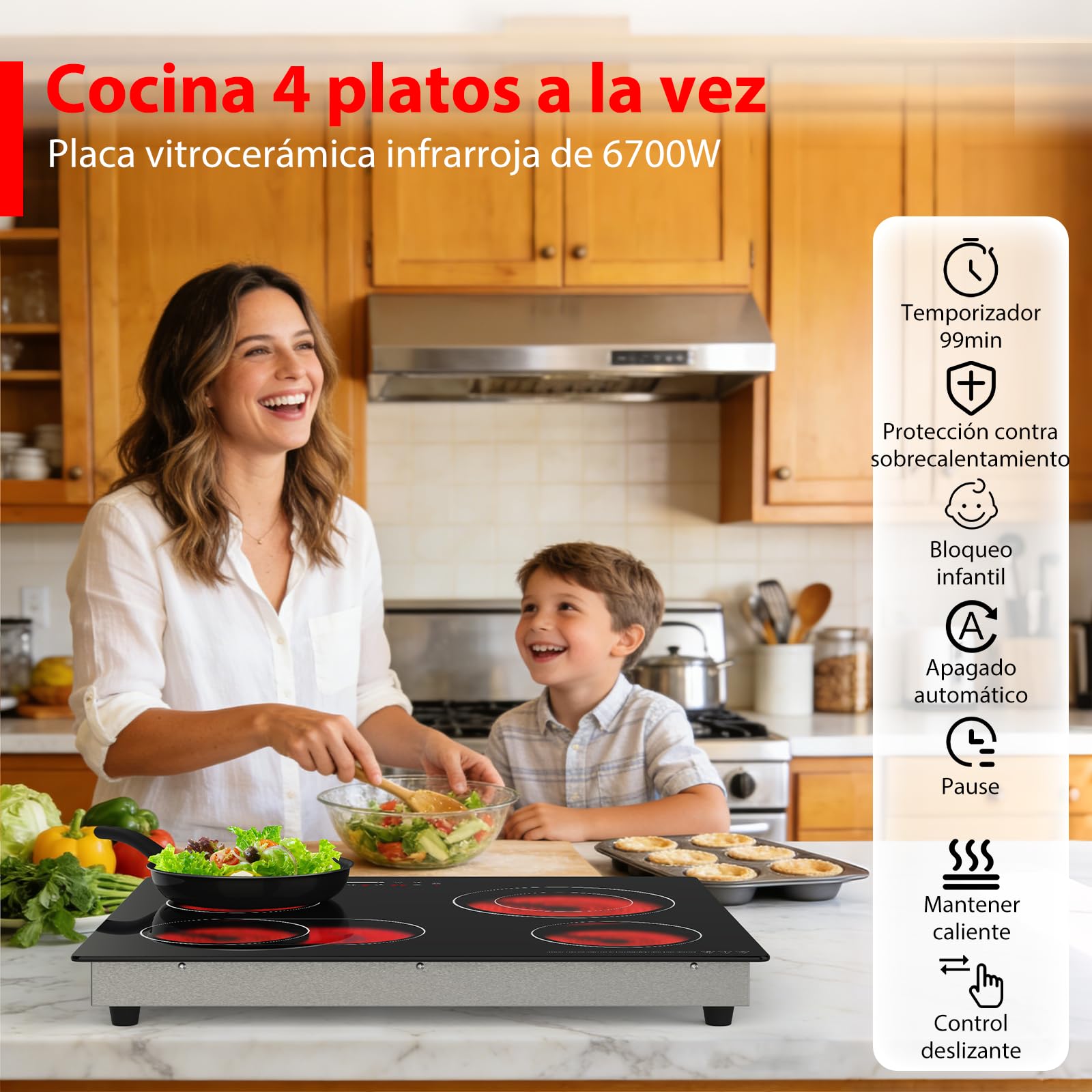 Placa Vitrocerámica 4 Fuegos 6700W Deslizante Extensible Seguridad Infantil