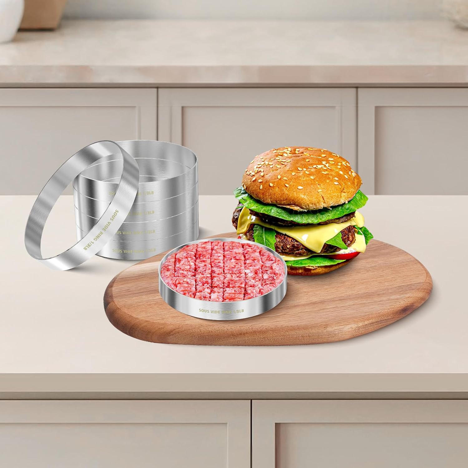 Sous Vide Hamburger Patties Cooking Rings for Immersion Circulator, Make 1/3 LB Hamburgers, Set of 6, Made of Food Grade 304 Stainless Steel, Sous Vide Accessories, Ring Molds for Cooking