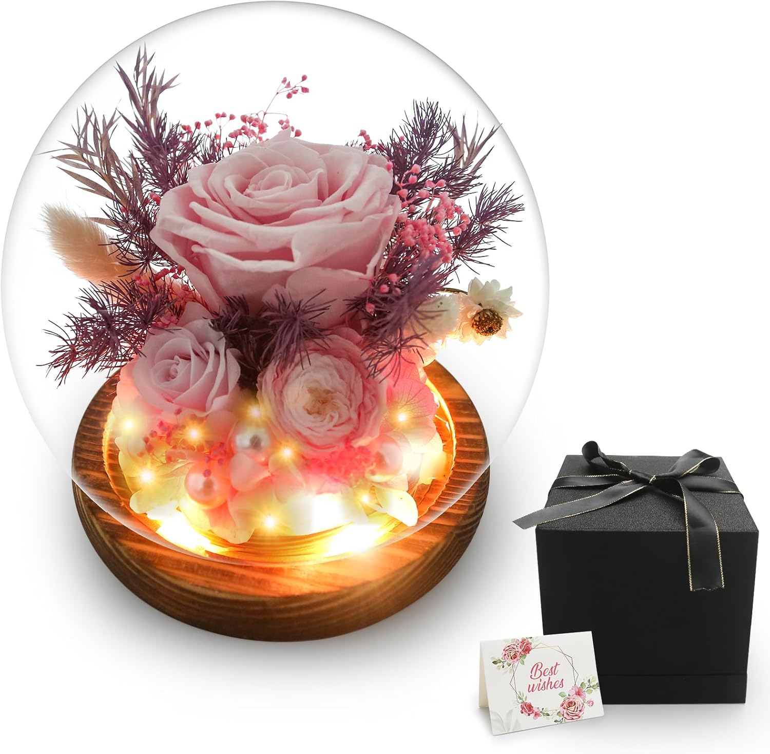 Forever Preserved Rose in Glass Dome with LED Lights - Eternal Rose for Women, Prime Delivery - Valentine's Day Mother's Day Christmas Birthday for Wife Girlfriend (Pink)