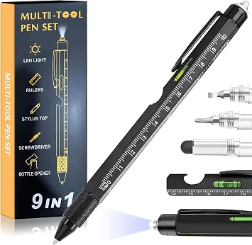 Fathers Day Dad Husband, 9 in 1 Multitool Pen Set with LED, Stylus, Level, Screwdriver, Fathers Day Gift from Daughter Wife Son, Gadgets for Men, Father, Blue, 1 Pack Black