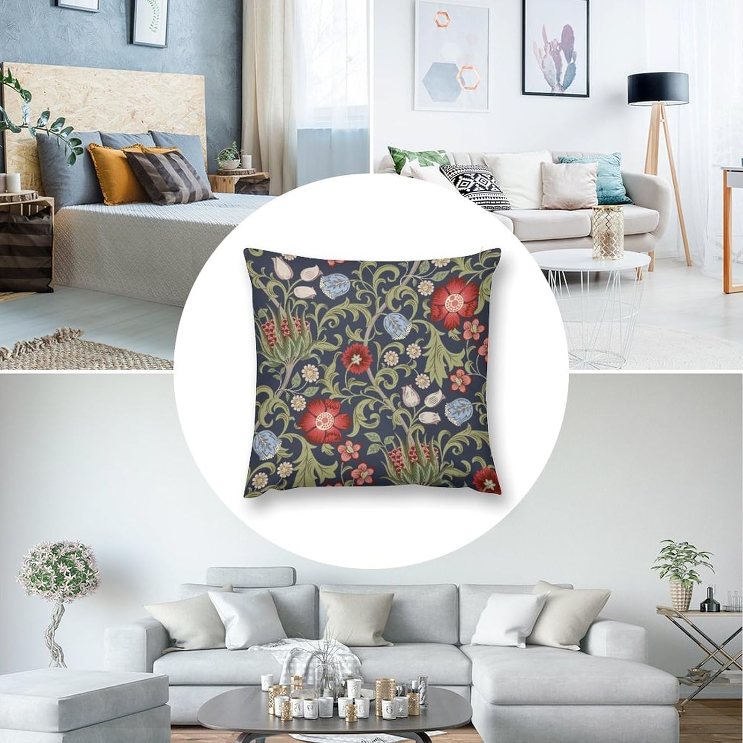 William Morris Flower Pillow Covers Set of 2,Red Flowers Green Leaves Throw Pillow Covers 20x20 Inches Cotton Square Pillow Cover Set for Couch Bed Living Room Outdoor Decor 20 "x20