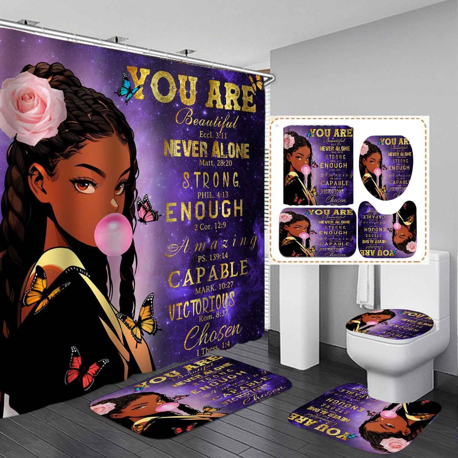 4PCS African American Black Girl Shower Curtain Sets with Rugs, Waterproof Fabric Shower Curtain, Fantasy Purple Galaxy Butterfly Floral Afro Black Woman Inspirational Quotes Bathroom Decor