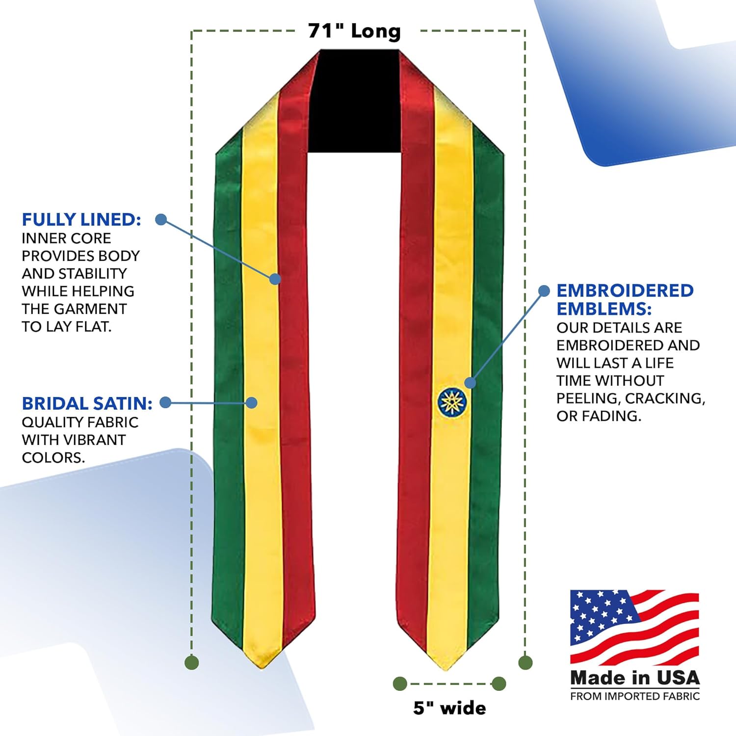 Vision Wear - Ethiopia Flag Graduation Sash - Graduation Stole - International Flag theme - Embrace Your Heritage - Ethiopians Flag - Pride & Honor Sash