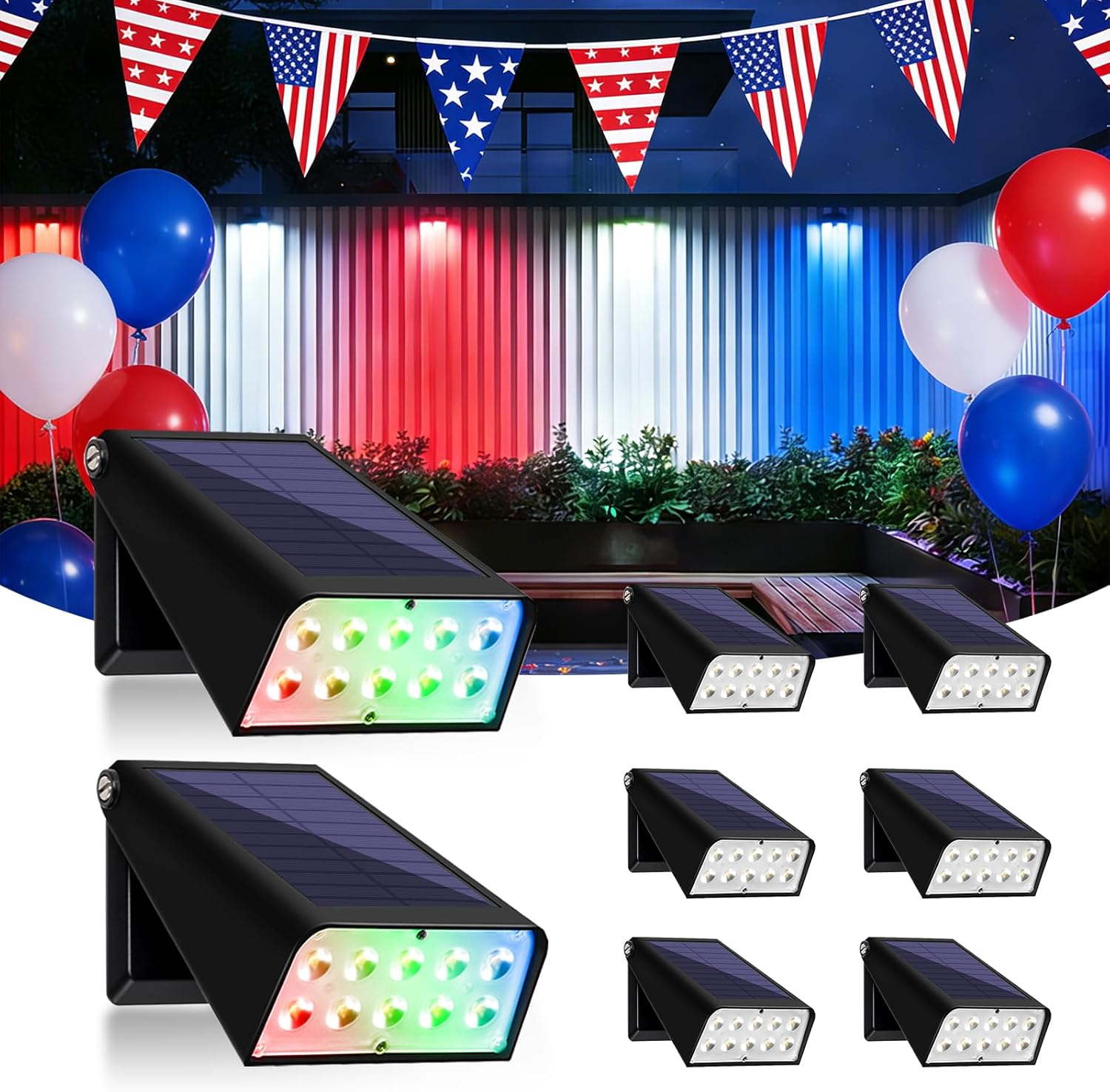 Solar Outdoor Lights for Father's Day Mother's Day 4th of July Decor, RGBW Color Changing Dusk to Dawn Solar Fence Patio Lights, 90° Adjust LED Garden Lights for Backyard Decor, 8-Pack