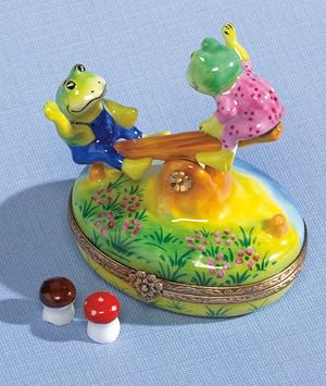 Authentic French Hand Painted See Saw Frogs Box with Mushrooms