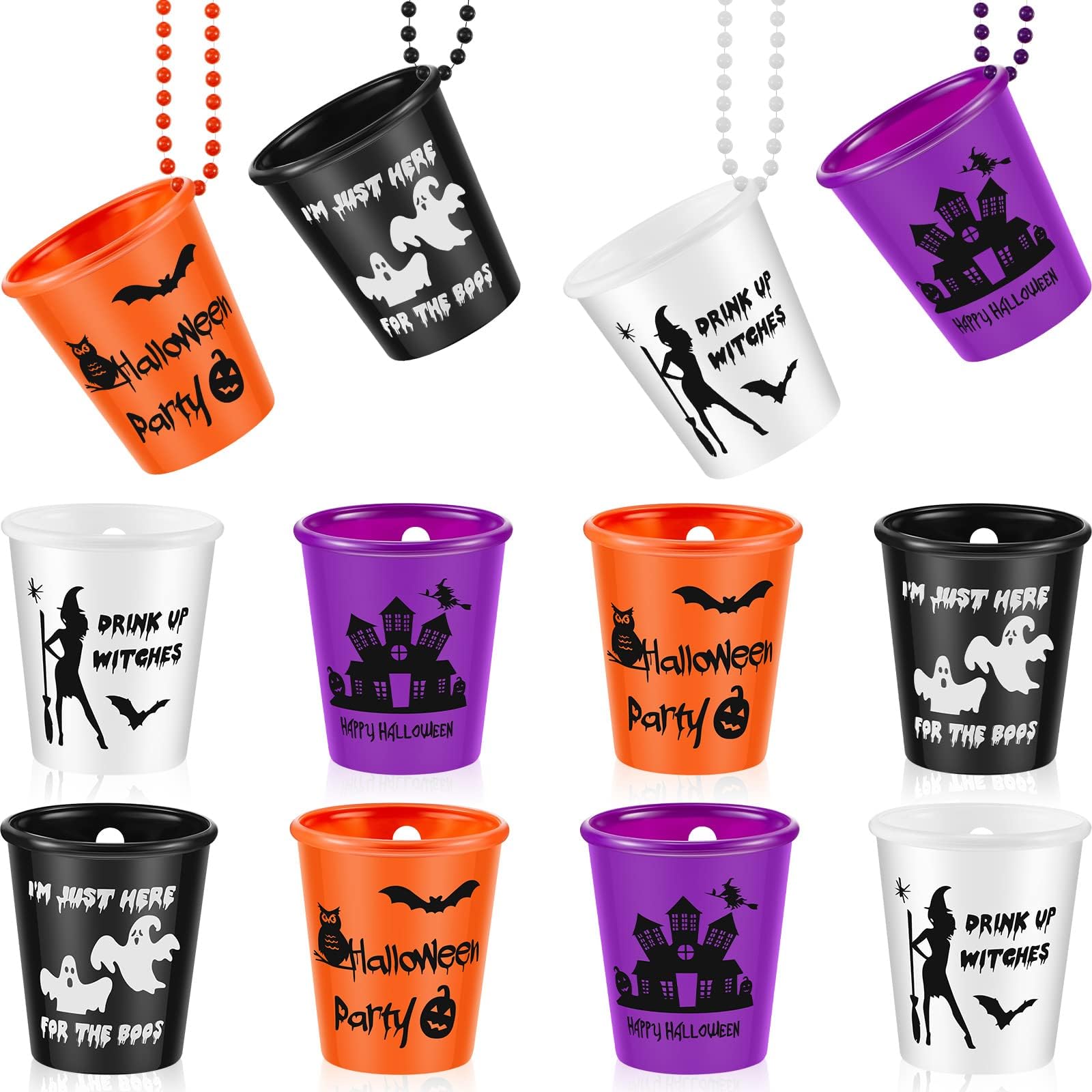 Henoyso 12 Packs Halloween Shot Glass on Beaded Necklace Skull Plastic Shot Glasses Ghost Cups Assorted Glass Necklaces Bulk for Halloween Party Favors Decorations Supplies