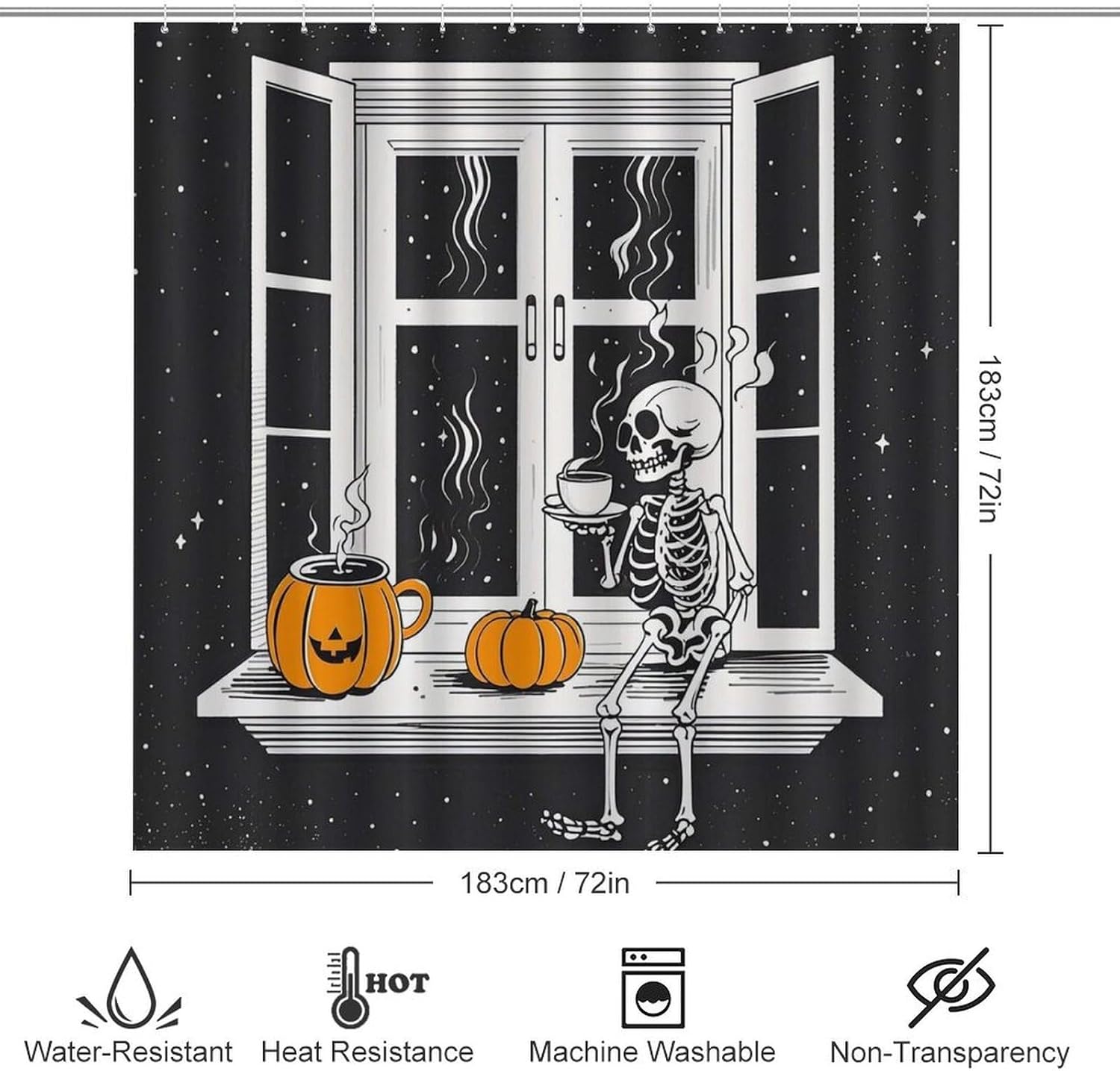 Windowsill Coffee Shower Curtain Set 4 Piece, Non-Slip Bath Mat with Toilet Lid Cover and Waterproof Shower Curtain with 12 Hooks, Complete Bathroom Set for Home Decor