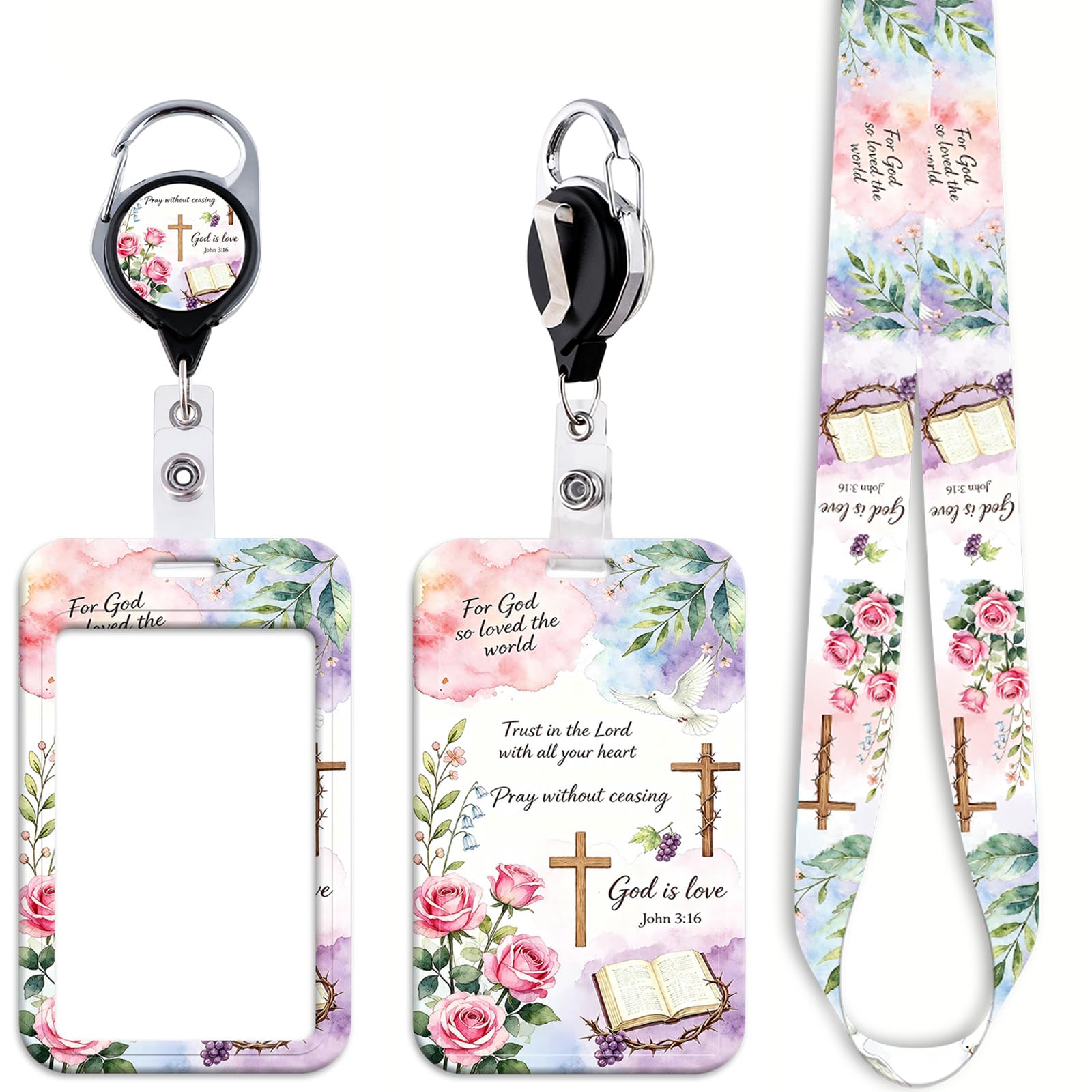 Bible Verses Card Holder Lanyard for Keys Work Retractable Badge Reel Cute Flowers ID Badge Lanyard for Neck Name Tag ID Holder, Women Girls Kids Teachers Staff, Christian