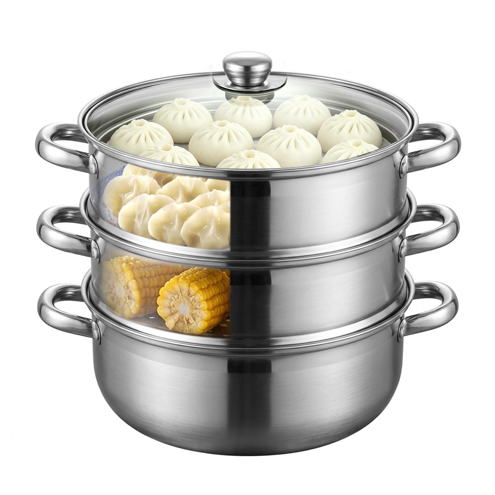 Vaporera de 28 cm de acero inoxidable, 3 y 4 niveles, olla con tapa de cristal, olla a presión apilable para verduras, pescado, pasta y sopas, para inducción y gas (3 niveles)