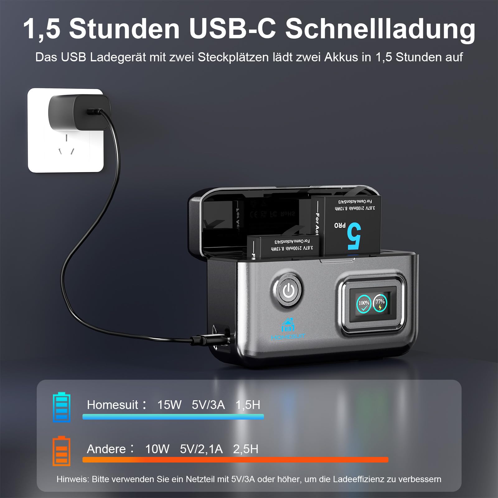 Homesuit Osmo Action 6 5 Pro 4 3 Akku 2100mAh und 18W Dual USB LCD Ladegerät Kit für DJI OsmoAction6 / OsmoAction5Pro / OsmoAction4 / OsmoAction3 (2er-Pack)