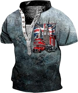 Mens V Neck Button Down Flags Print Henley Shirt Short Sleeve Muscle T Shirts Gym Tops Graphic Tees Streetwear Retro T Shirts Regular Fit Summer T Shirts