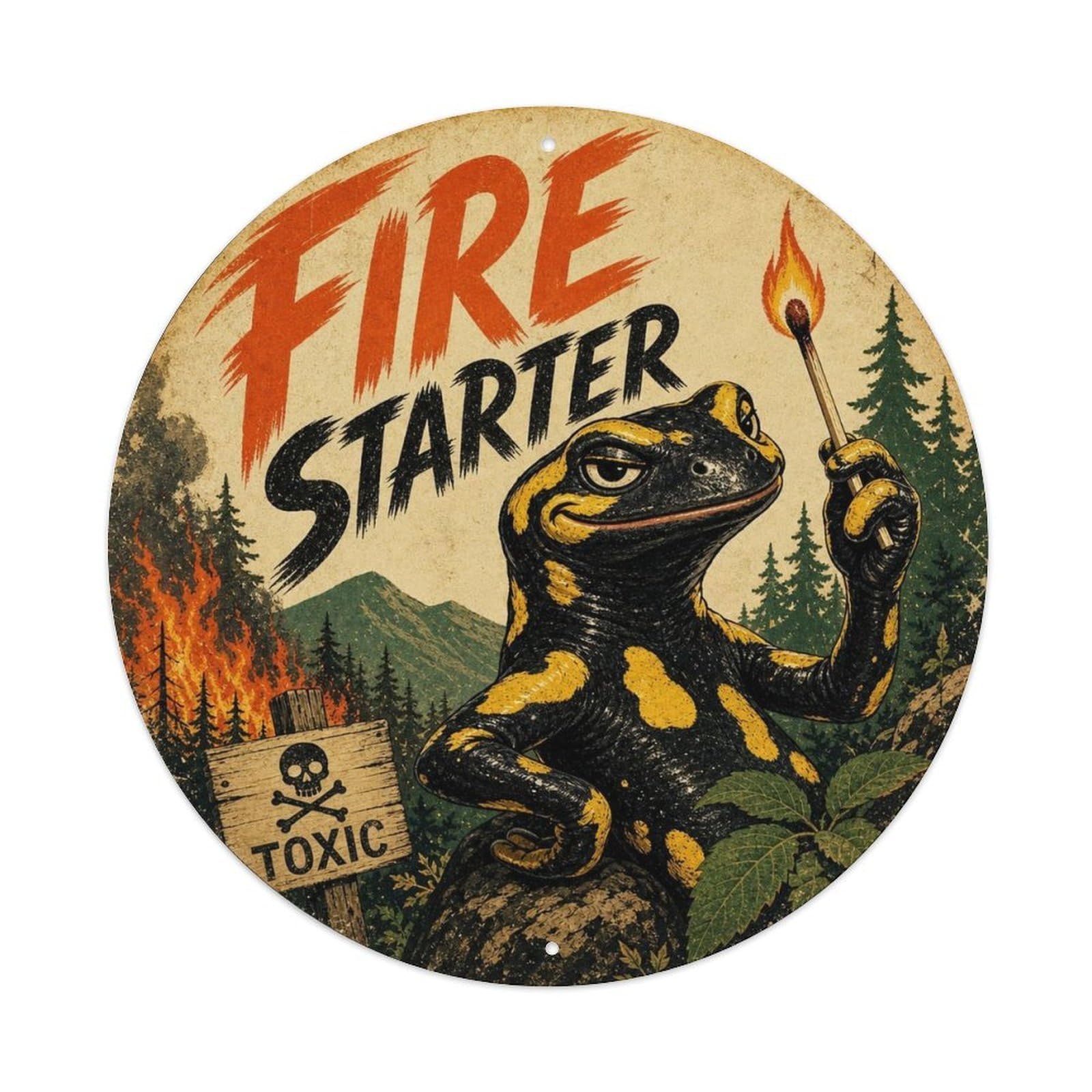 Okngb Style Salamander Fire Starter Amphibian Comic Cartoon Playful Metal Tin Sign Plaque Wall Decor For Cafe, Man Cave, Club Bar, Office, Home Garden Round Metal Poster 8X8inch