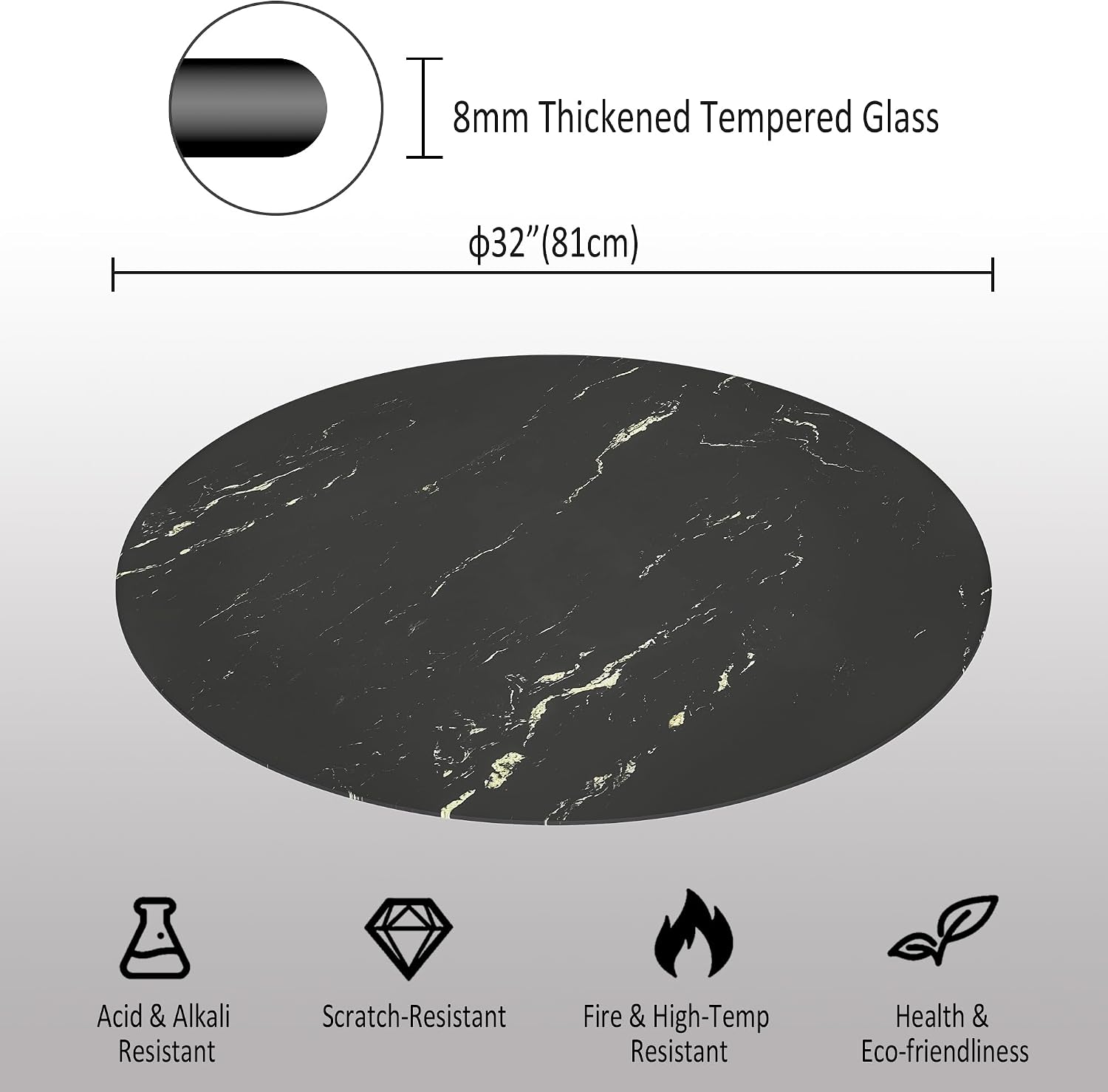 32" Round Tempered Glass Table Top, Marble Glass Surface Protector Heat & Scratch Resistant Multipurpose for Dining, Coffee, Restaurant, Office and End Table (Black Marble Pattern, 32 Inch)