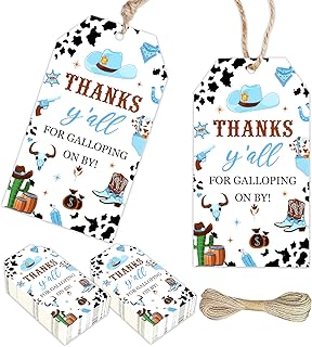 Serencatcher Cowboy Thank You Tags, 50pcs Western Baby Shower Favors - Blue Thank You Tags for Cowboy Party, Wild West Baby Shower, Birthday Party