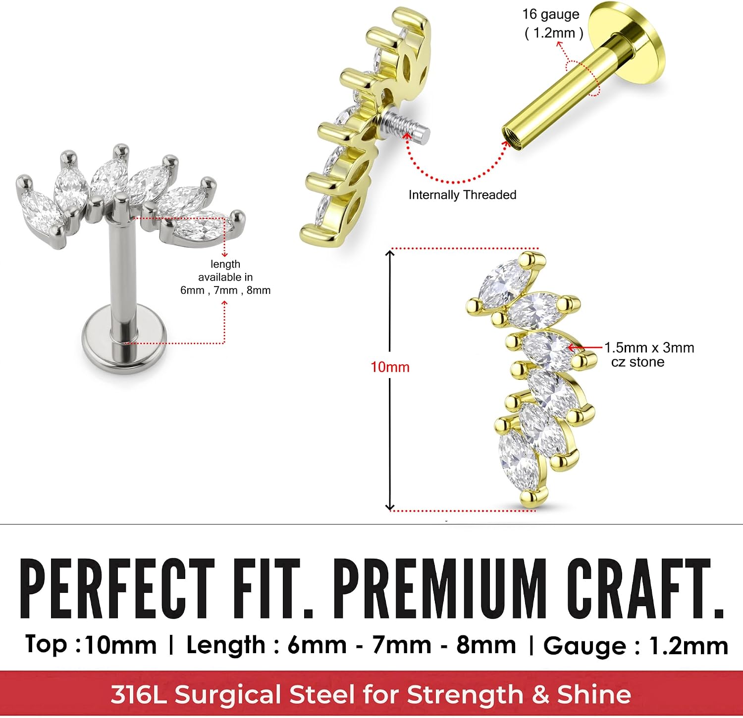 Six Cz Stones Graduated Marquise Cluster Design Internally Threaded Top 16 Gauge - 6mm, 7mm, 8mm Length Flat Back Lip Labret Stud - Tragus Earring - Cartilage, Helix - Tragus Piercing Jewelry