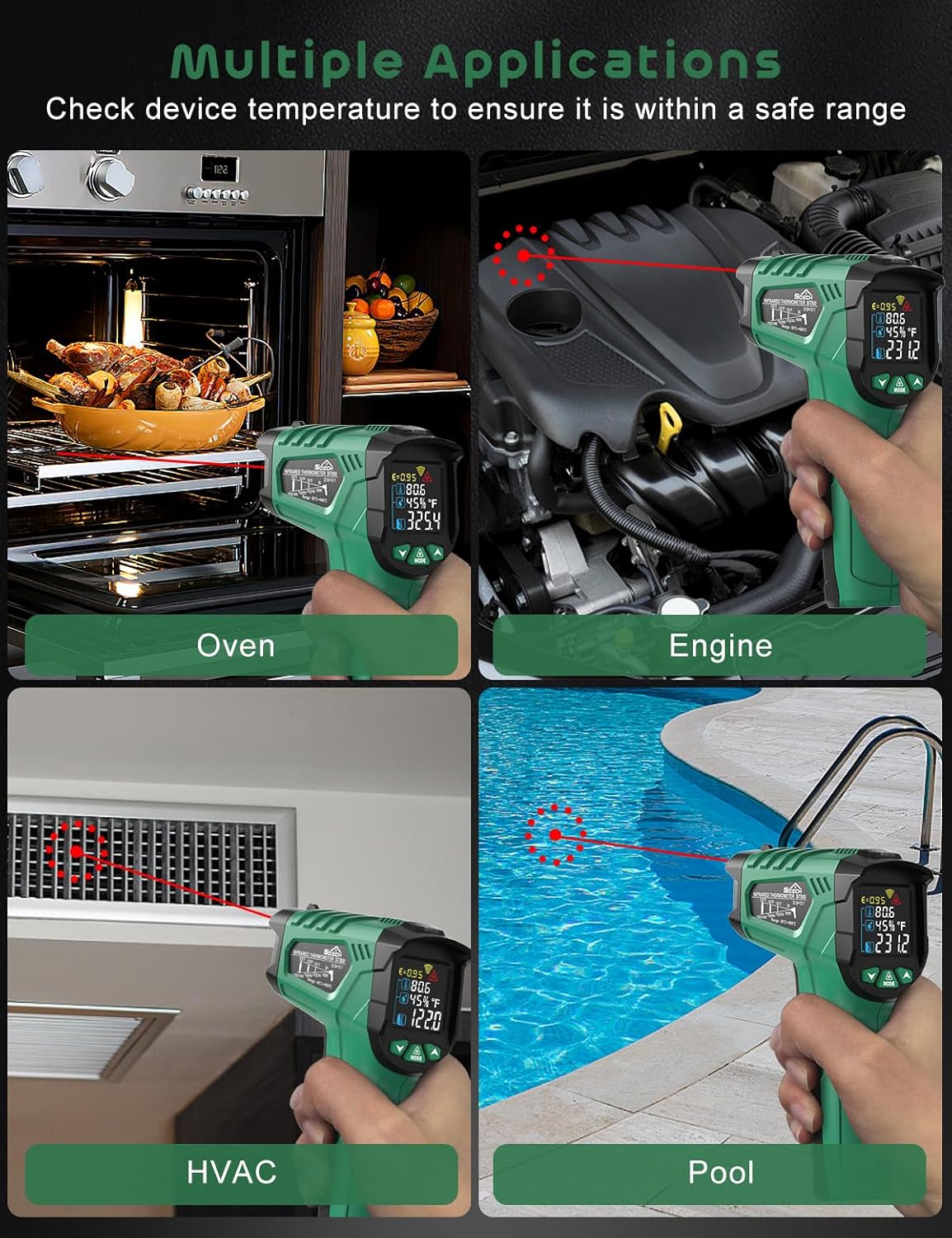 Infrared Thermometer Gun,SQECH Laser Thermometer Gun -58℉～1472℉(-50℃～800℃),Temperature Gun with Ambient Temperature&Humidity/Adjustable Emissivity/Color Backlight for Cooking, Oven,Engine,HVAC