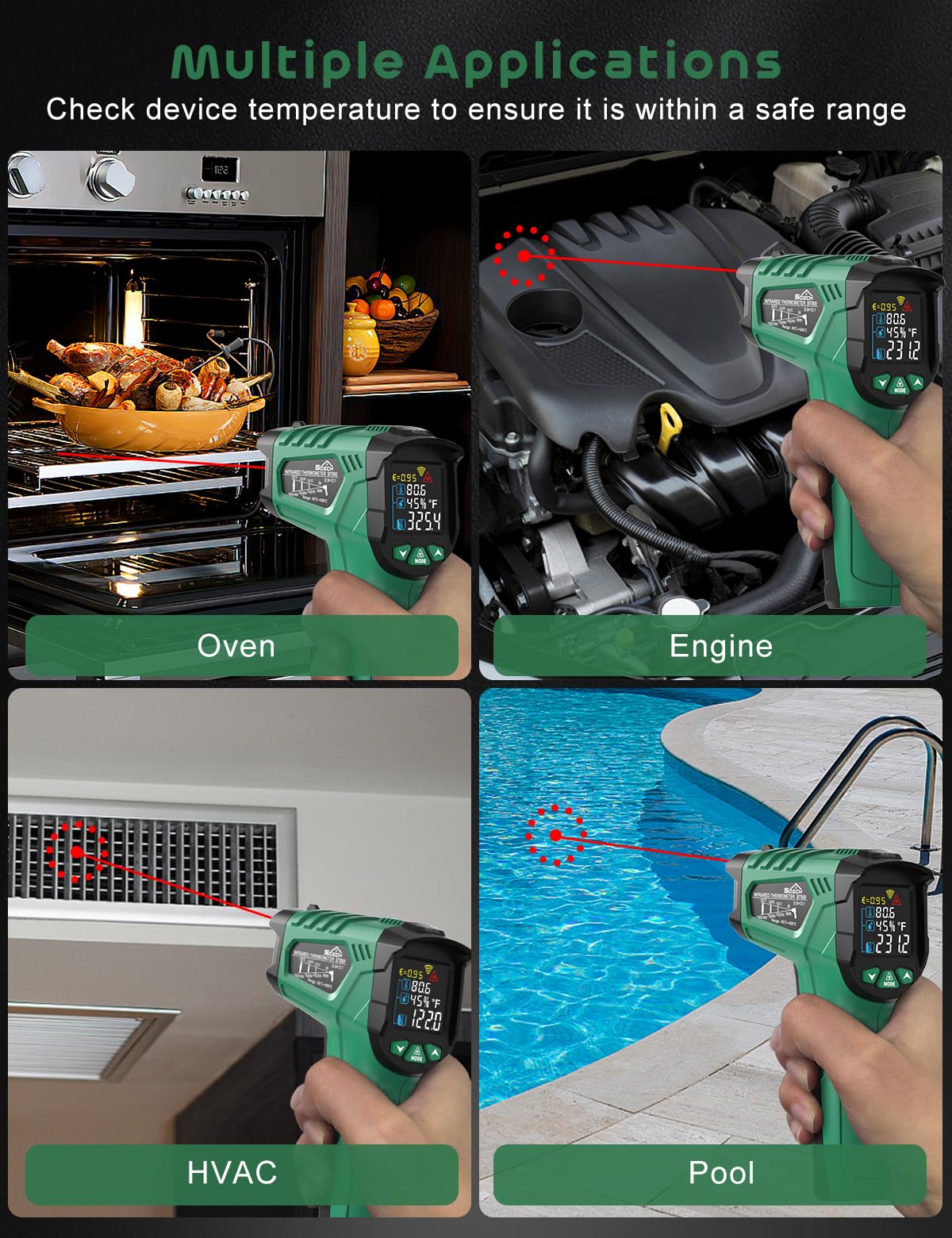 Infrared Thermometer Gun,SQECH Laser Thermometer Gun -58℉～1472℉(-50℃～800℃),Temperature Gun with Ambient Temperature&Humidity/Adjustable Emissivity/Color Backlight for Cooking, Oven,Engine,HVAC — Amazon image 7