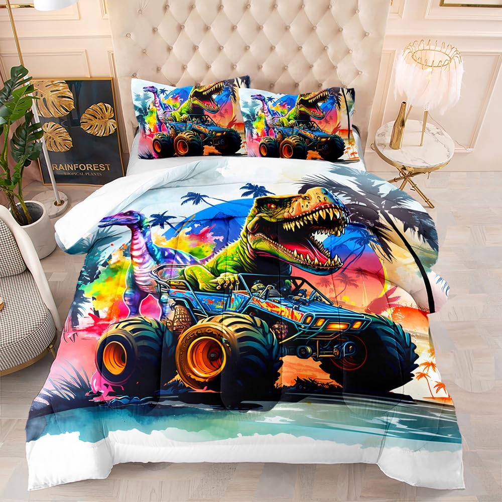 Suncloris Cartoon Monster Truck Comforter Set for Kids Teens, Twin Size Watercolor Roaring Dinosaurs Car Bedding Quilt with 2 Extreme Sport Trucks Themed Pillowcases - 68" x 86" (Watercolor, Twin)