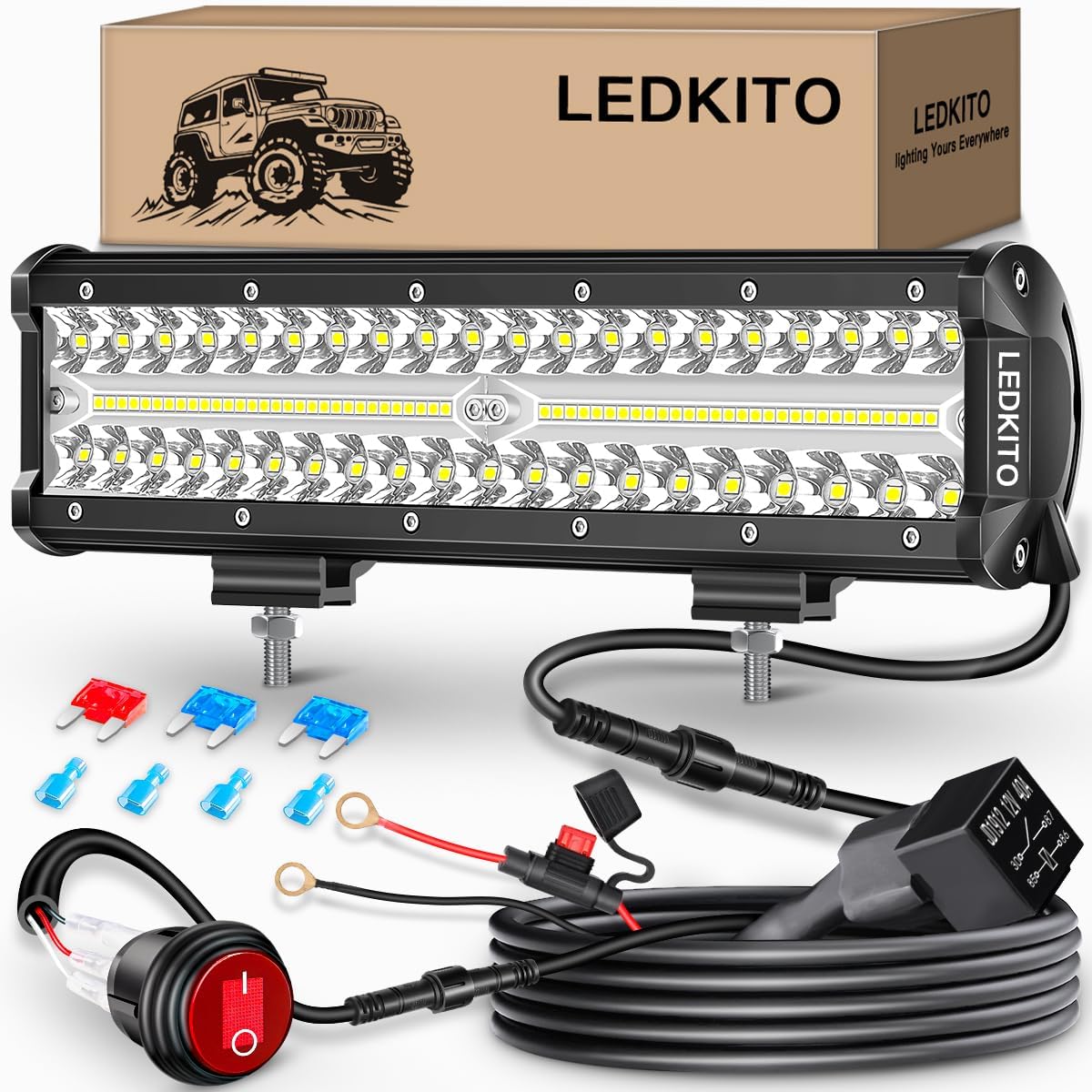 12 Inch LED Light Bar Kit with 16AWG Wiring Harness Triple Row Spot Flood Combo LED Off Road Driving Lights Bar Work Lights Pod for Trucks UTV ATV Tractor Golf Je-ep 12 Inch LED Light Bar Kit with 16AWG Wiring Harness Triple Row Spot Flood Combo LED Off Road Driving Lights Bar Work Lights Pod for Trucks UTV ATV Tractor Golf Je-ep