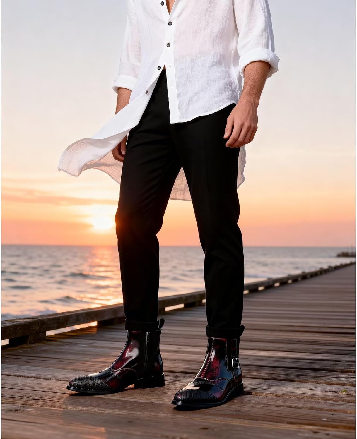 Men's Patent Leather Ankle Boots, Buckle Strap Chelsea Boots with Textured Toe, Stylish Dress Boots for Work & Daily