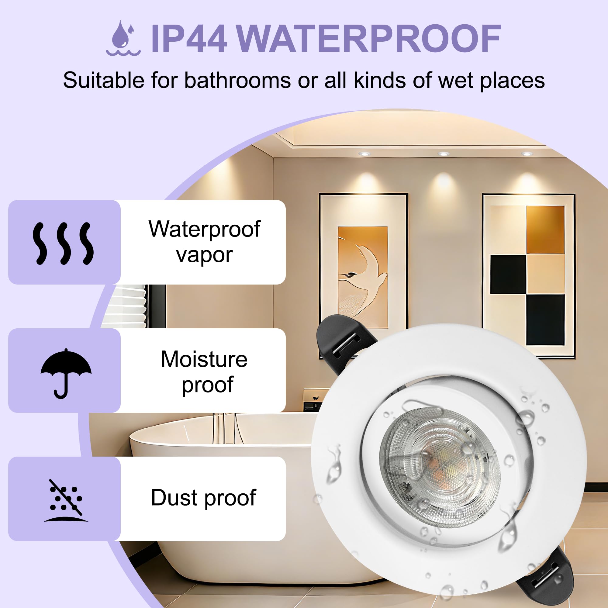 LED Einbaustrahler 230V Dimmbar 68mm 5.5W IP44 LED Spots Ultra Flach Deckenspots 45° Schwenkbar Einbauleuchten 3000K/4000K/6000K Spots Deckenleuchte für Bad Wohnzimmer Küche, Weiß 6er Set