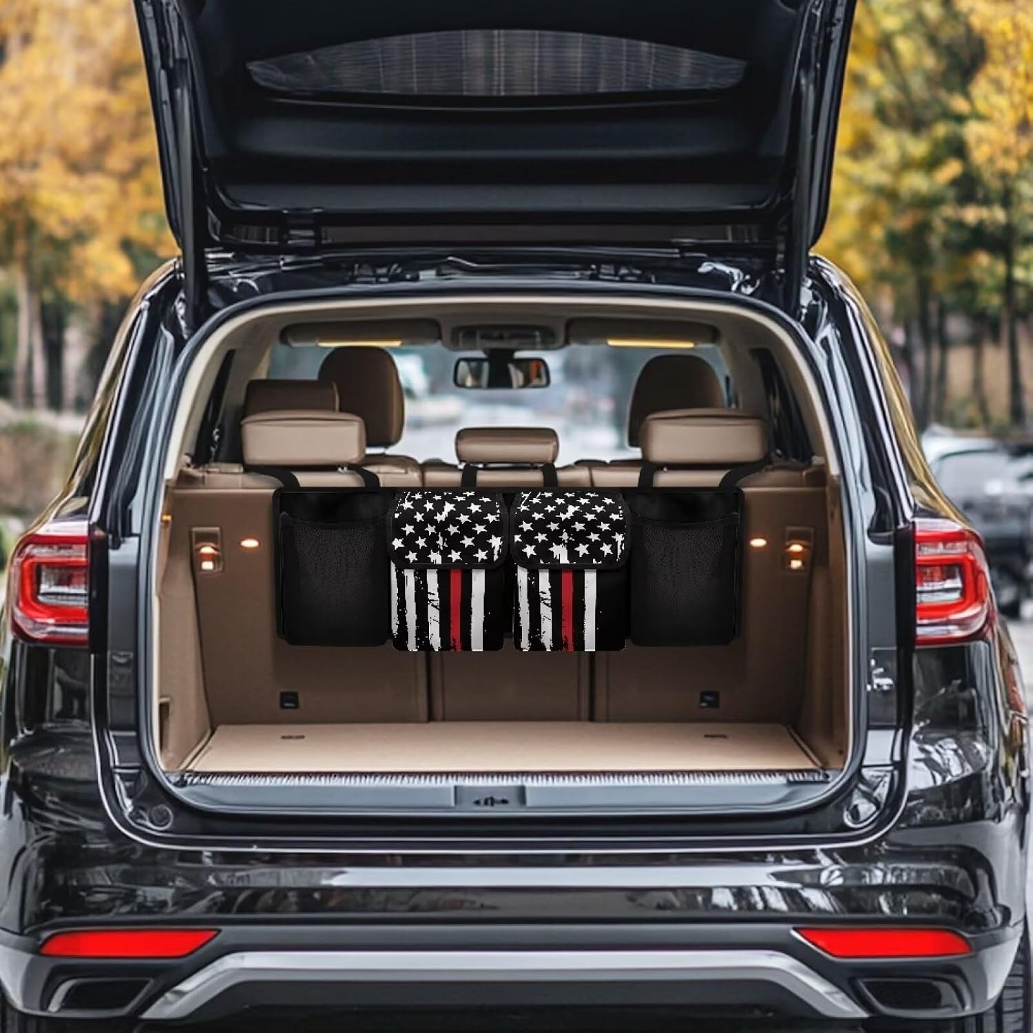 Black American Flag Car Trunk Organizer Hanging Car Back Seat Storage Bag Foldable Automotive Interior Accessories Suitable Most Sedans SUV Jeep Trucks Van