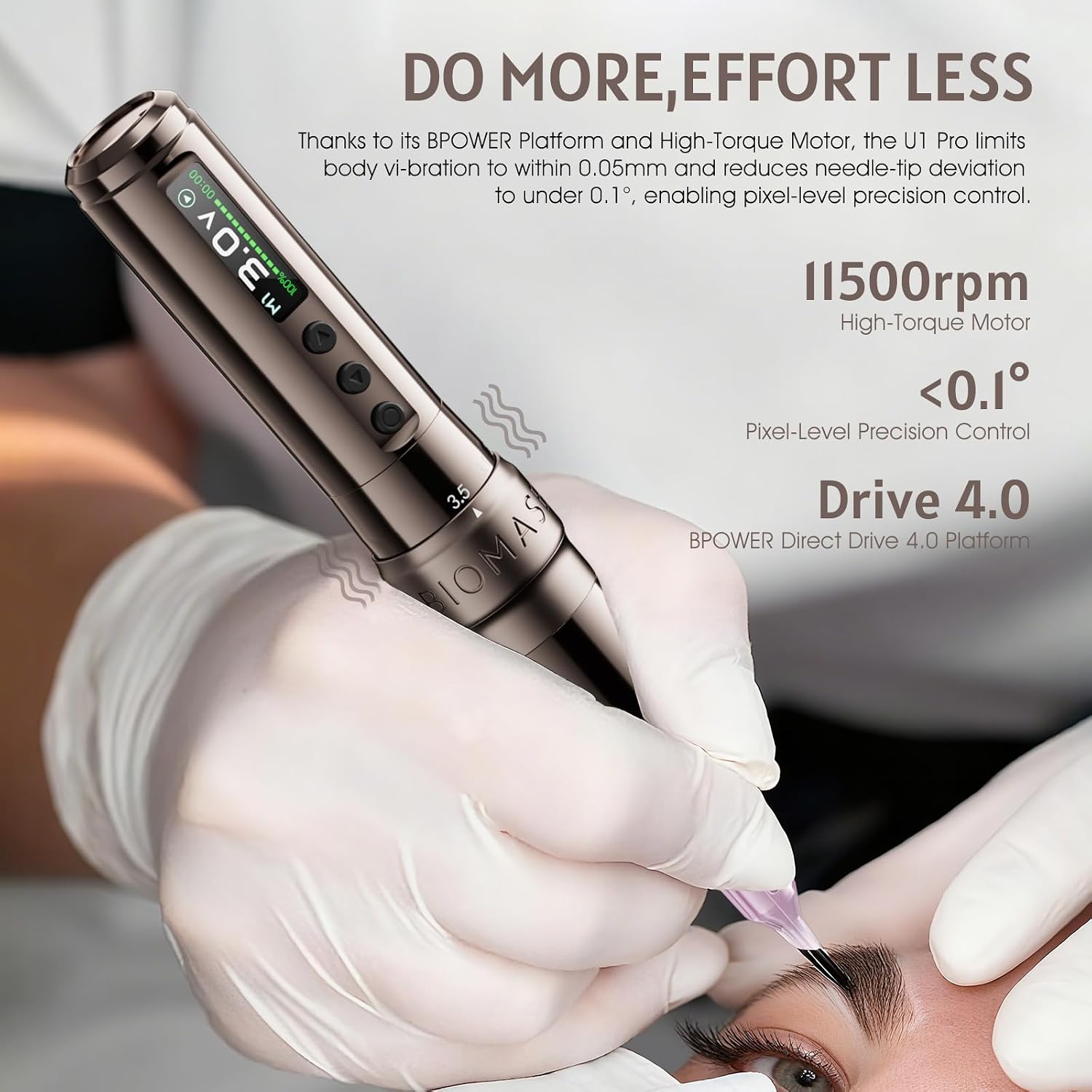 BIOMASER Plenilune U1 Pro Tattoo Gun Professional Wireless Permanent Makeup Machine, 6 Adjustable Strokes,Digital Display, for Tattooing,Eyebrows & Lips, Scalp Micropigmentation(Coffee)