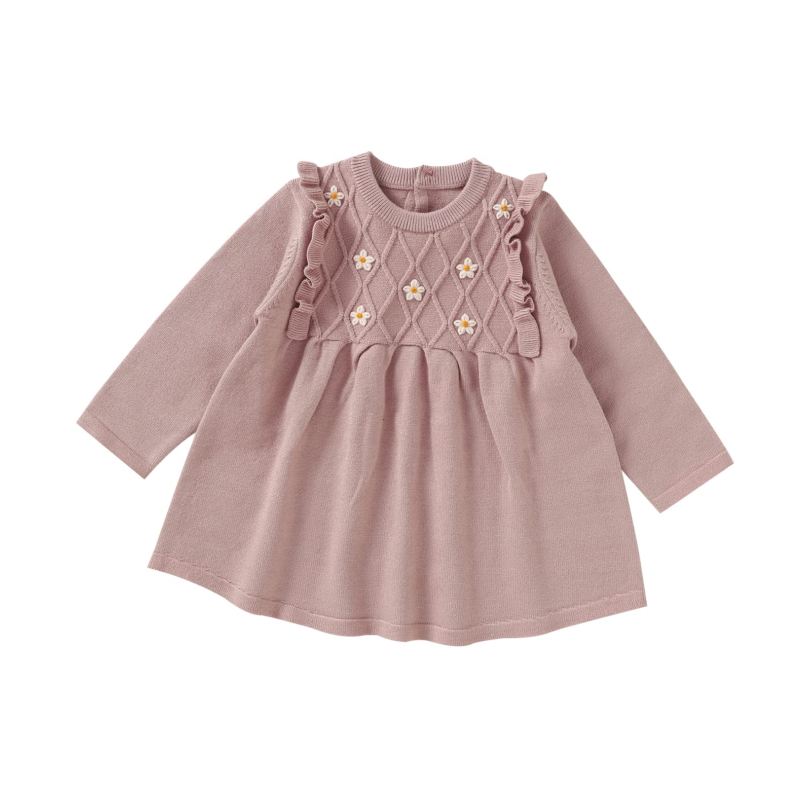 mimixiong Baby Little Girls' Long Sleeve Girl Dresses Floral Embroidered Ruffle Knit Sweater Dress 12-18Months