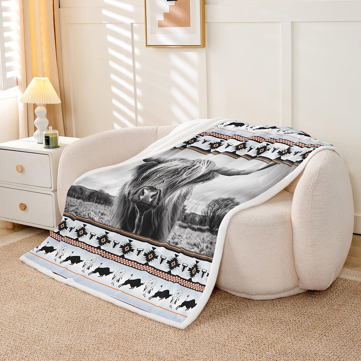 Highland Cow Throw Blanket - Ethnic Tribe Arrow Longhorn Bull Cattle, Farm Animals Fleece, Exotic Nordic Style Dream Catcher, 50"x60", African Tribal Geometric Sofa Couch Decor