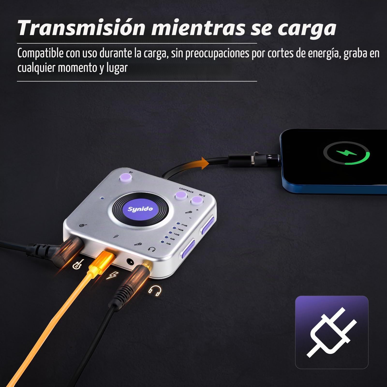 Synido Interfaz de audio portátil para guitarra, adaptador de audio de 24 bits/96 kHz con puertos USB-C, Inst./auriculares para transmisión en vivo, equipo de grabación de música para iPad/iPhone