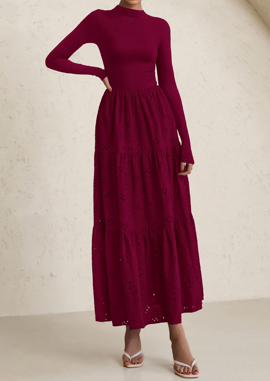 PRETTYGARDEN Long Sleeve Maxi Dress for Women 2026 Fall Eyelet A Line Elegant Classy Flowy Mock Neck Spring Vacation Dresses