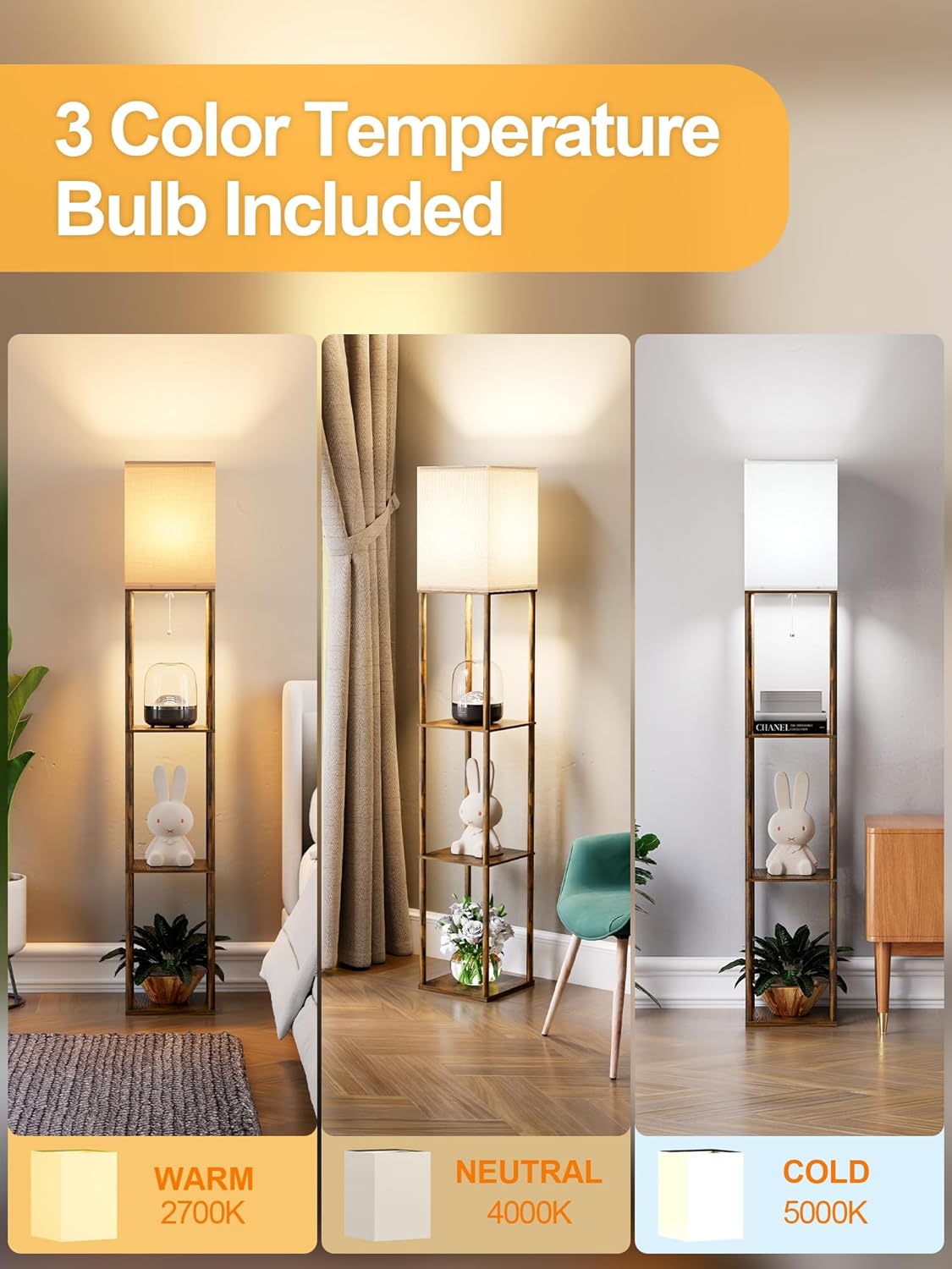 PARTPHONER Floor Lamp with Shelves for Living Room 2 Pack, Shelf Floor Lamp with 3 CCT LED Bulb, Corner Display Standing Column Lamp Etagere Organizer Tower Nightstand for Bedroom, Rustic Brown