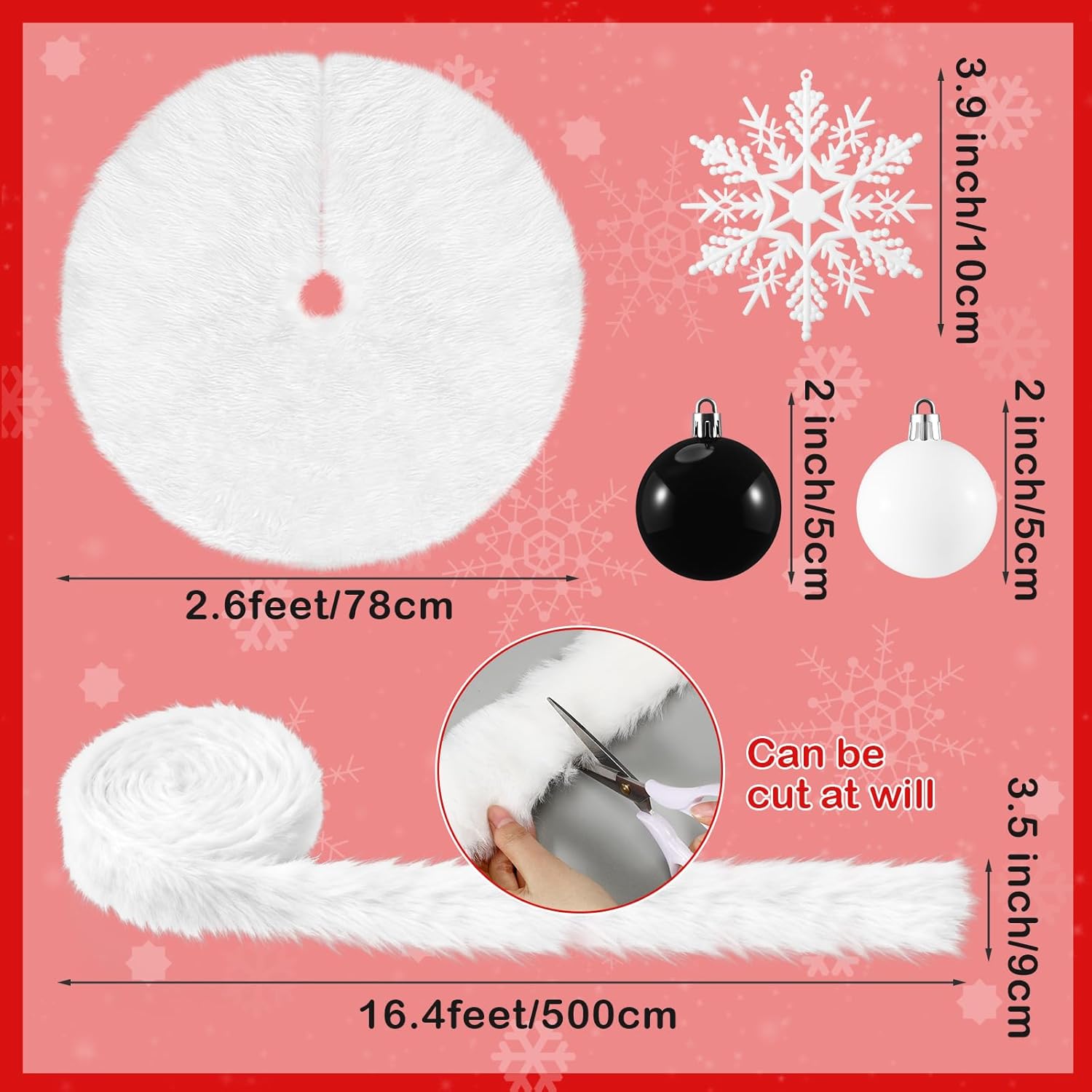 Soulchen 23 Pcs Christmas Snowman Tree Decoration Set, Snowman Treetop with Hat & Bow Christmas Balls Ornaments White Faux Fur Tree Skirt for Holiday Winter Indoor Party Fake Snow Decoration