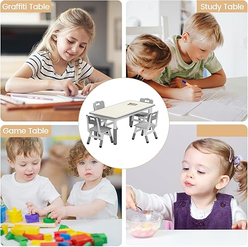 Miniatura 7 de Juego de mesa y silla para niños, mesa de altura ajustable y 4 sillas para niños de 2 a 10 años, escritorio de graffiti, patas antideslizantes, mesa