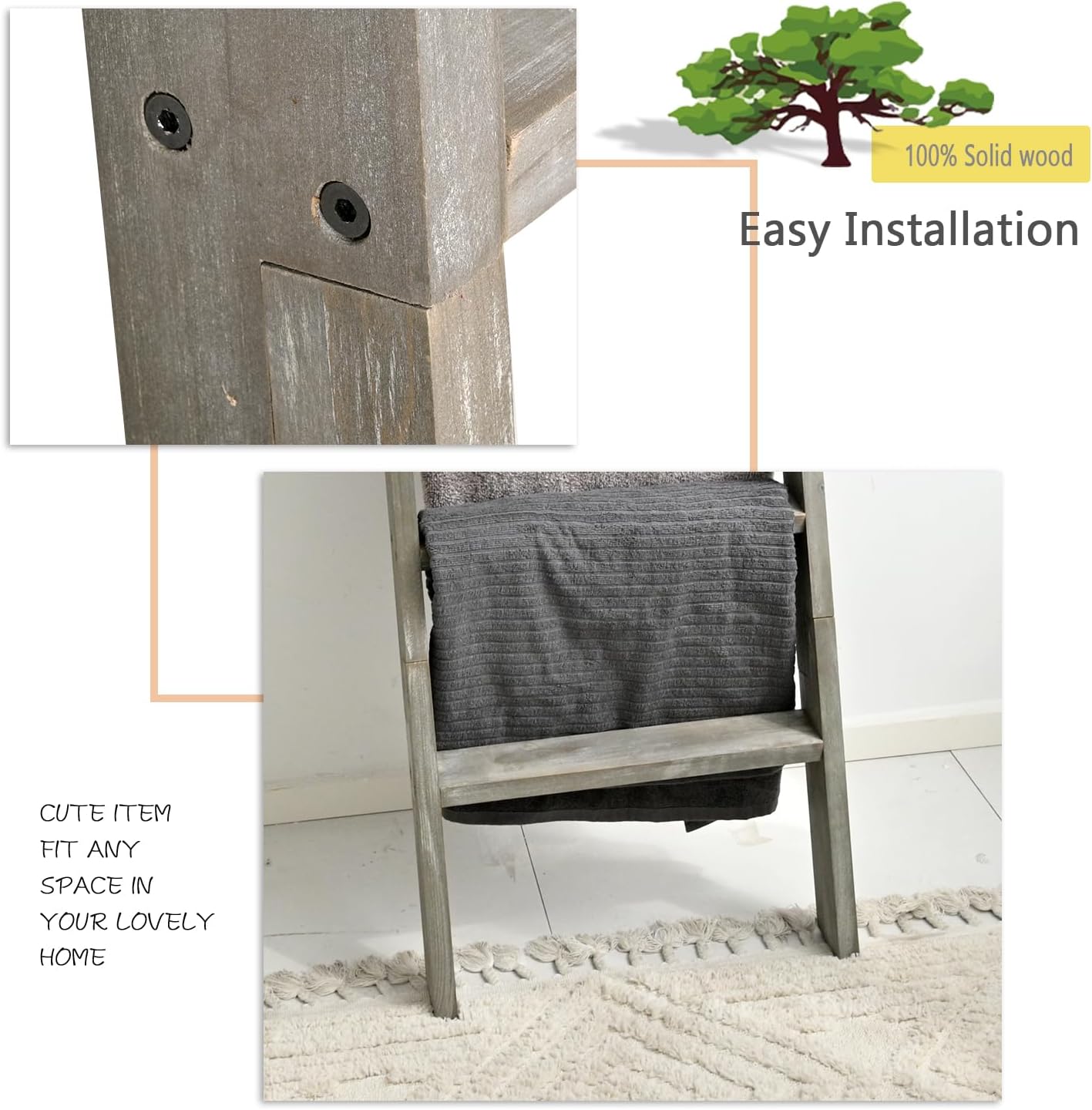 FUIN Blanket Ladder, 5ft Rectangle Rung Rustic Solid Wood Decor Rack, Grey | 5 rungs, farmhouse quilt display holder, showcase picture frames or plants, leaning wall, bathroom and living room use