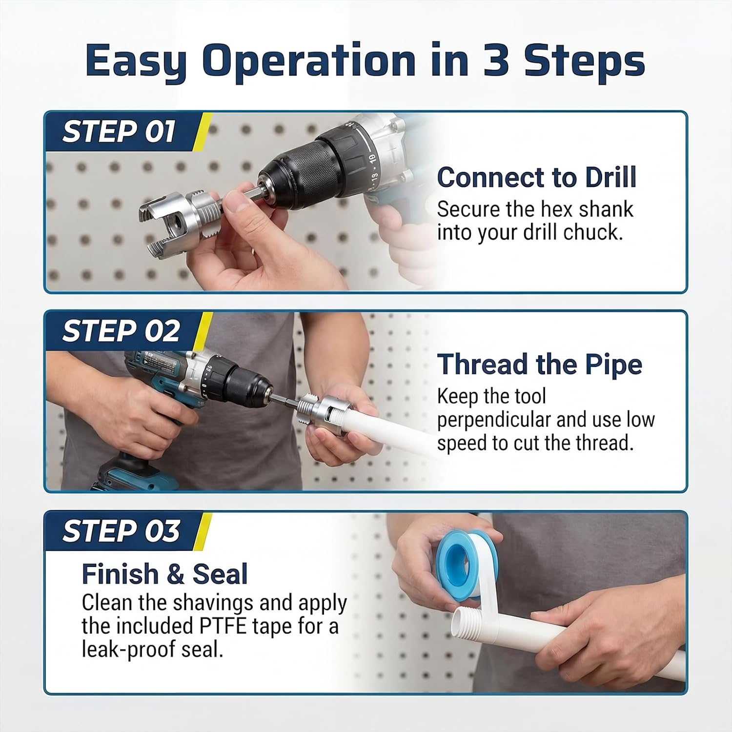 3PCS PVC Pipe Threader Kit, Integrated Internal & External Pipe Threading Tool for 1/2", 3/4" & 1" PVC/Plastic Pipes, PVC Threader for Drill, 4 in 1 Water Pipe Thread Cutting Tool with 2 PTFE Tapes