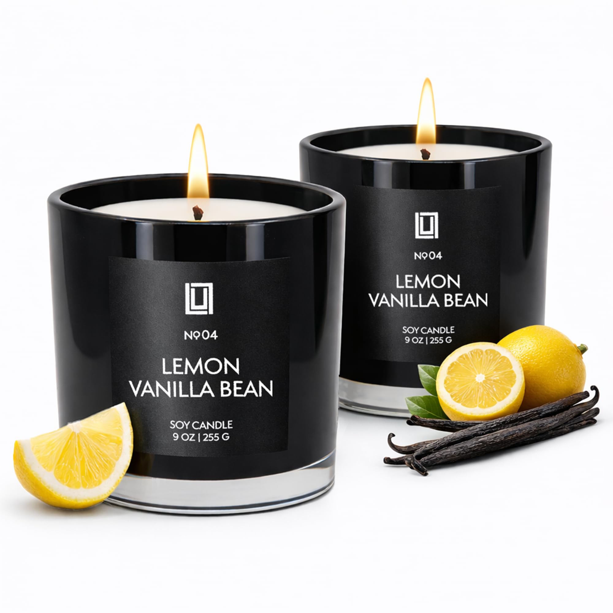 Lemon Vanilla Bean | Velas de soja perfumadas de lujo | Vertidas a mano en los Estados Unidos | Altamente perfumadas y duraderas | Tarro blanco de 9 onzas, paquete de 2