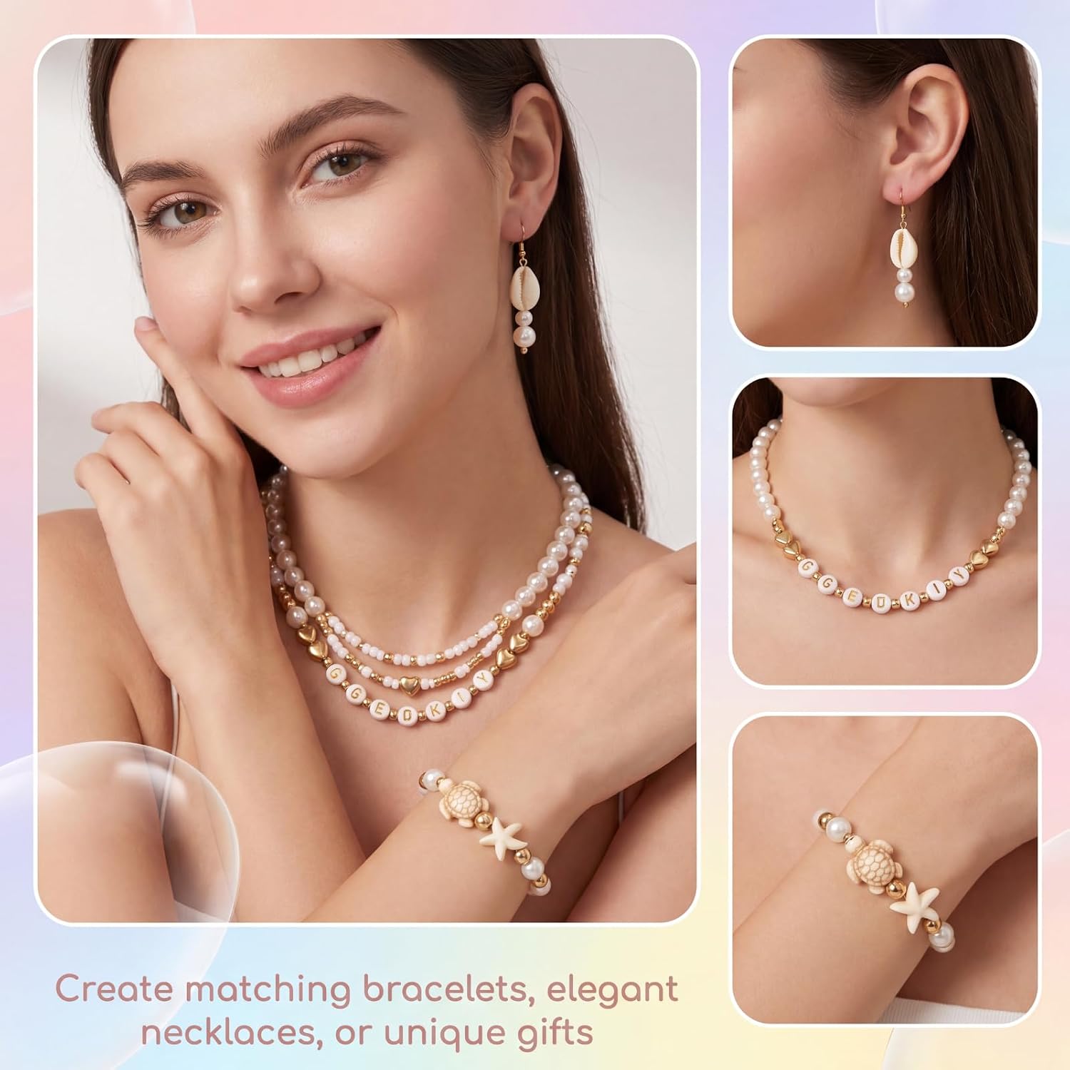 ZJO Pearl Beads Bracelet Making Kit, 1042pcs Glass Pearl Beads with Shell Sea Turtle Starfish Charms, Jewelry Making Supplies for DIY Necklaces Earrings and Aesthetic Crafts