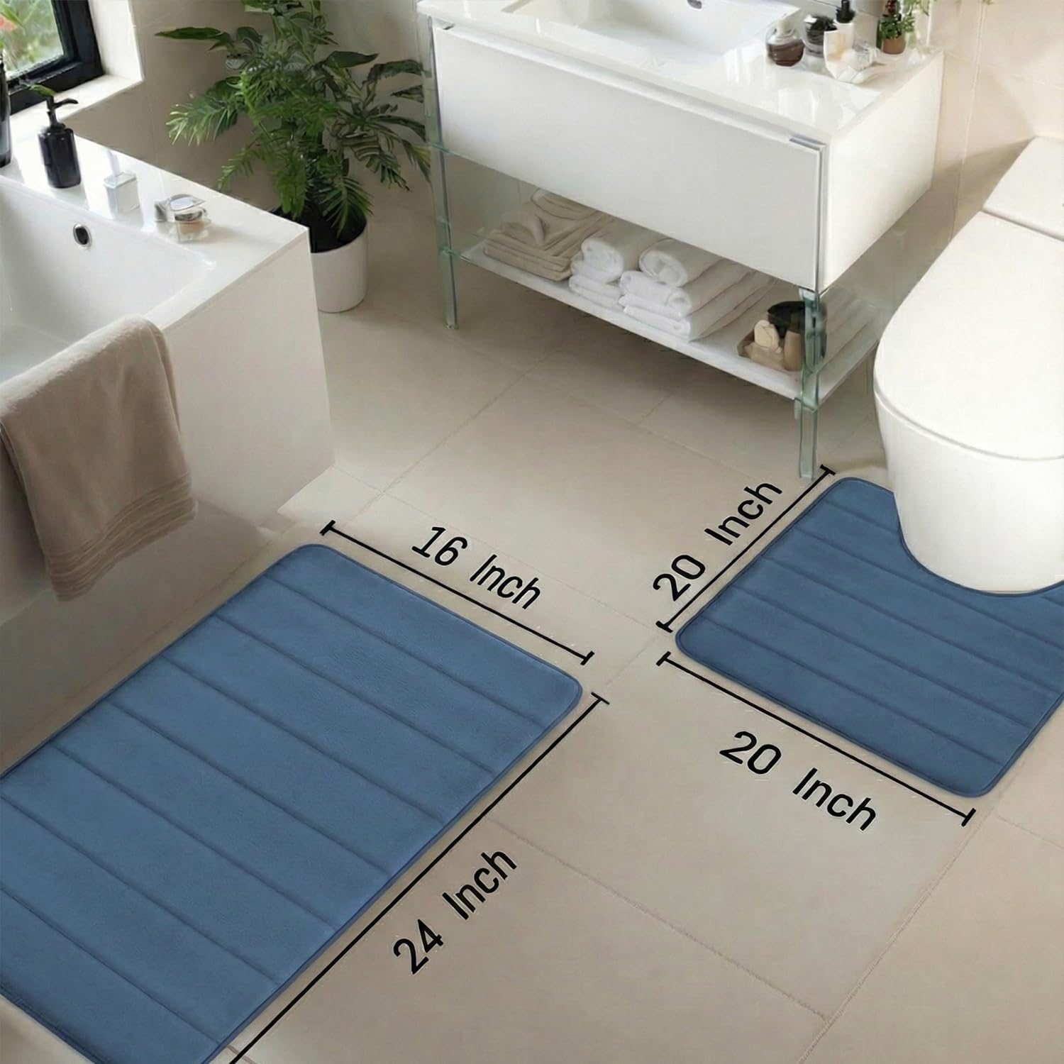 Memory Foam Bathroom Rugs Sets 2 Piece, Extra Soft Absorbent Quick Dry Bath Mat Set, with U-Shaped Toilet Rug, Machine Washable Non Slip Bath Rugs for Bathroom, Shower and Tub, Medium Blue