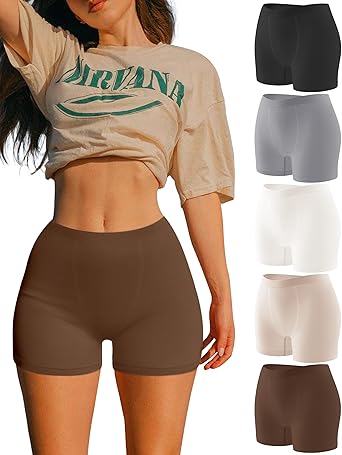 OLCHEE Womens Boyshorts Underwear Panties Seamless High Waisted Boxer Briefs 3.9" Inseam Comfy Stretch Shorts 5 Pack, Black White Beige Brown Grey, Medium