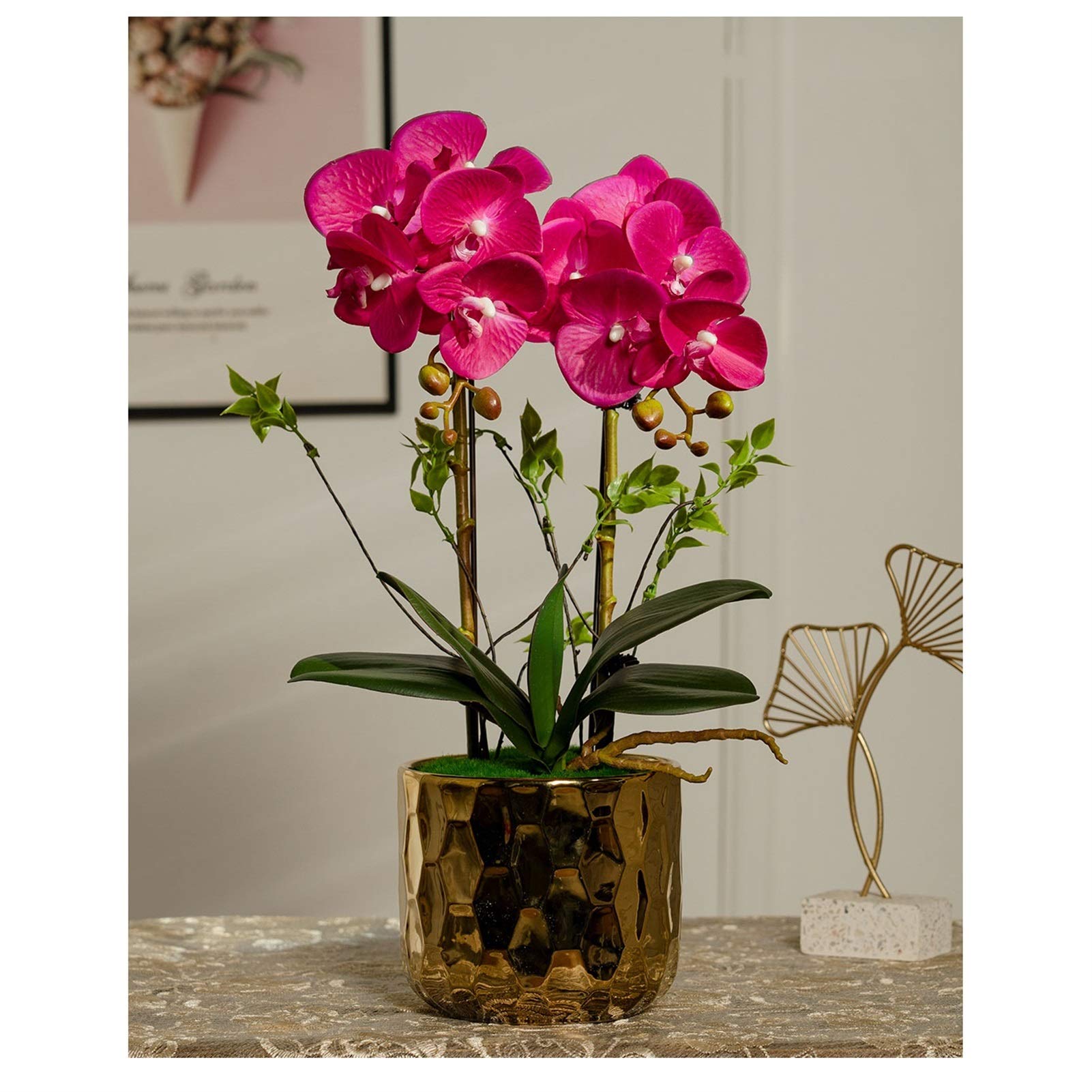 Sztuczny Kwiat Sztuczne Kwiaty Storczyk Phalaenopsis Sztuczne Kwiaty W Złotej Ceramicznej Doniczce Kompozycja Kwiatowa Wesele Przyjęcie Stół Jadalny Dekoracja Domu I Biura(Biały)