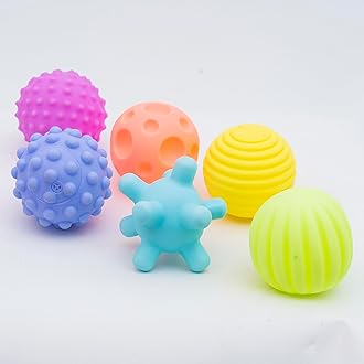 B4BRAIN Sensory Balls Toy Pack of 6 | Colourful Squeaky Ball | Hand Eye Coordination | 0,1,2,3 Year Babies | Montessori Kids | Brain Development | STEM | Soft Silicone Balls (Squash Multicolour)