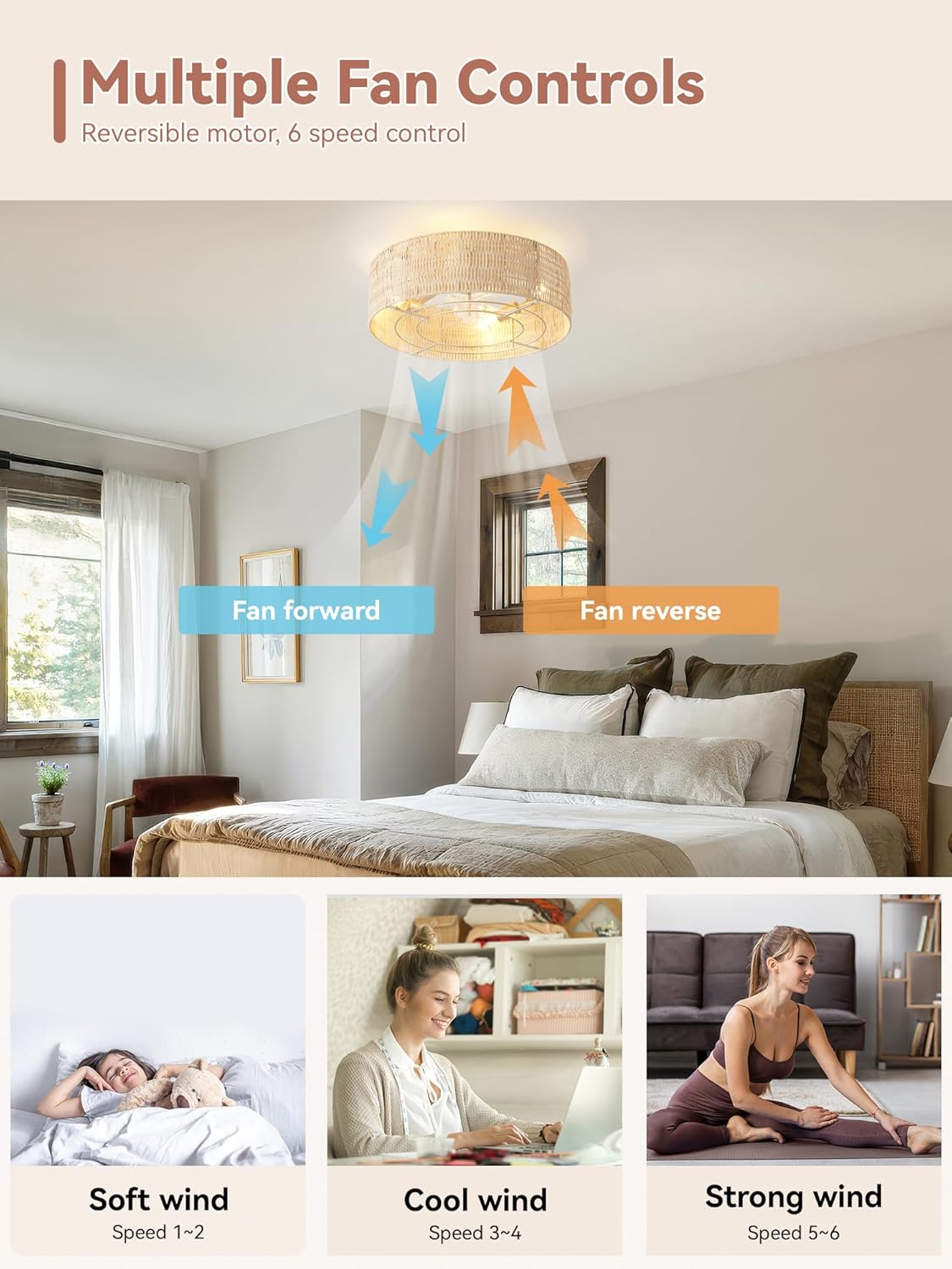 Low Profile Ceiling Fans with Lights, 20 Boho Rattan Ceiling Fan with Light Flush Mount and Remote Control, Drum Caged with 6 Speeds for Bedroom, Nursery, Living Room (Beige)